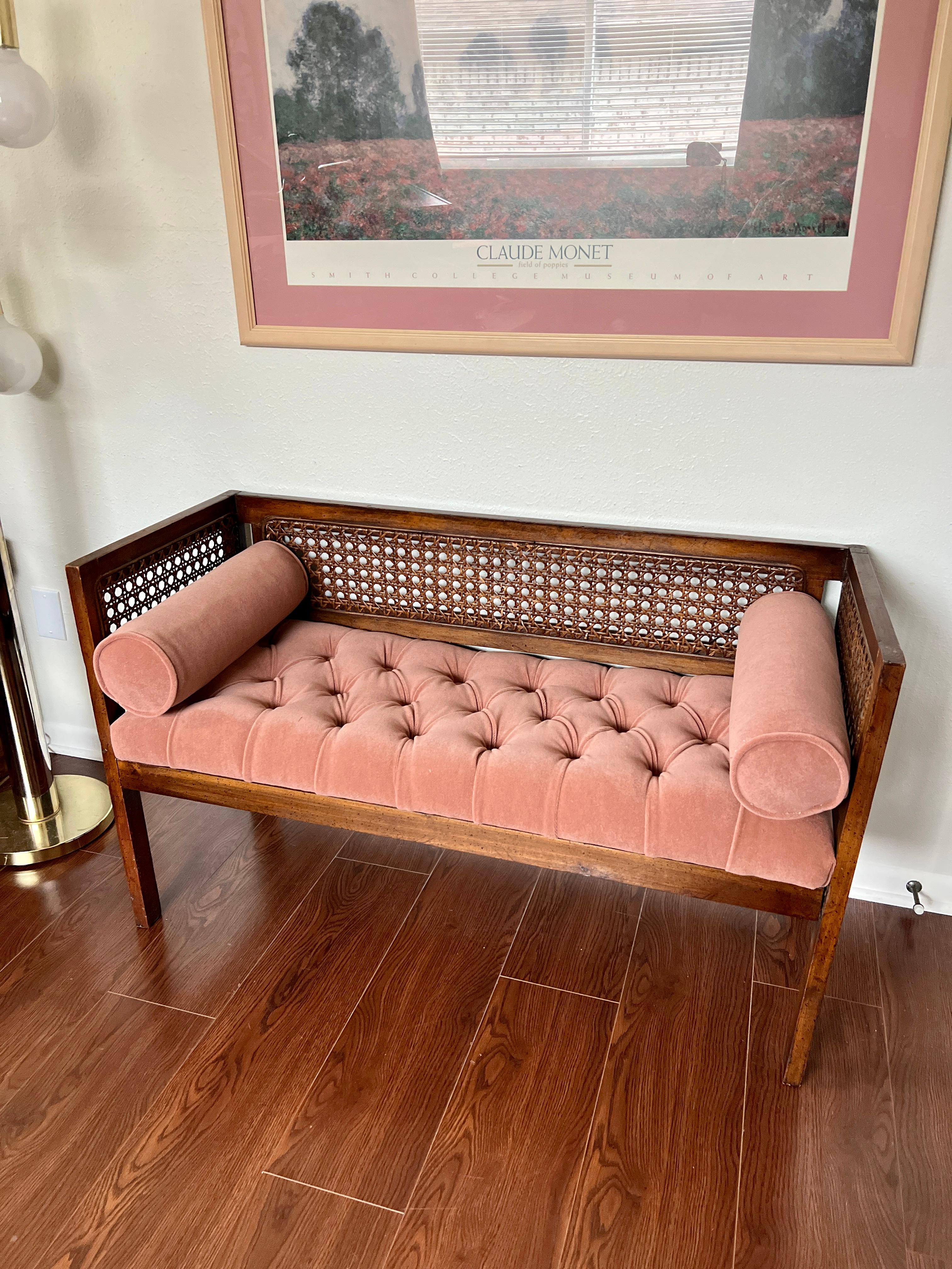 Vintage Mid-Century Modern Tufted Cane Back Walnut Settee Bench in Pink Mohair 5