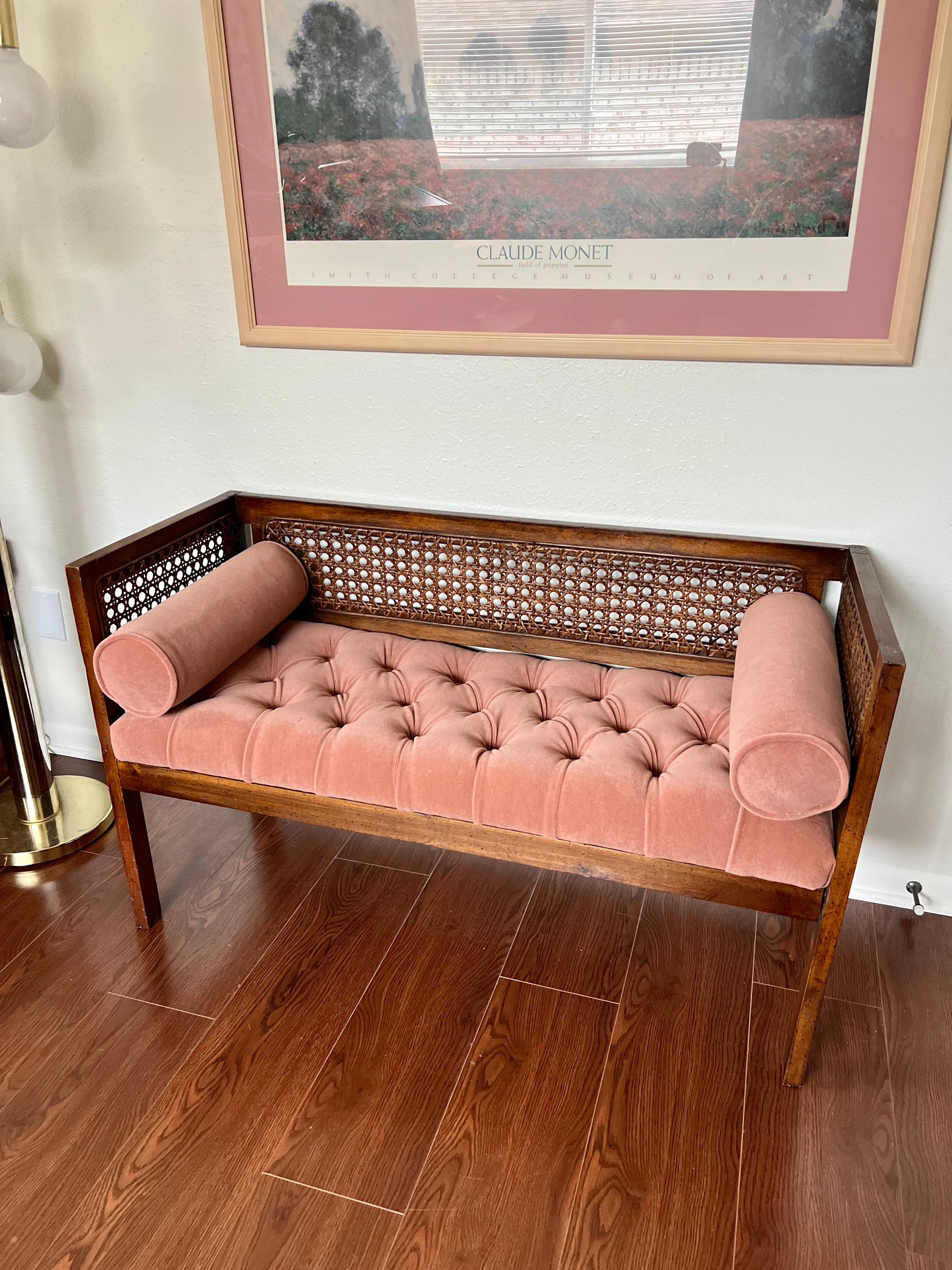 Vintage Mid-Century Modern Tufted Cane Back Walnut Settee Bench in Pink Mohair  6