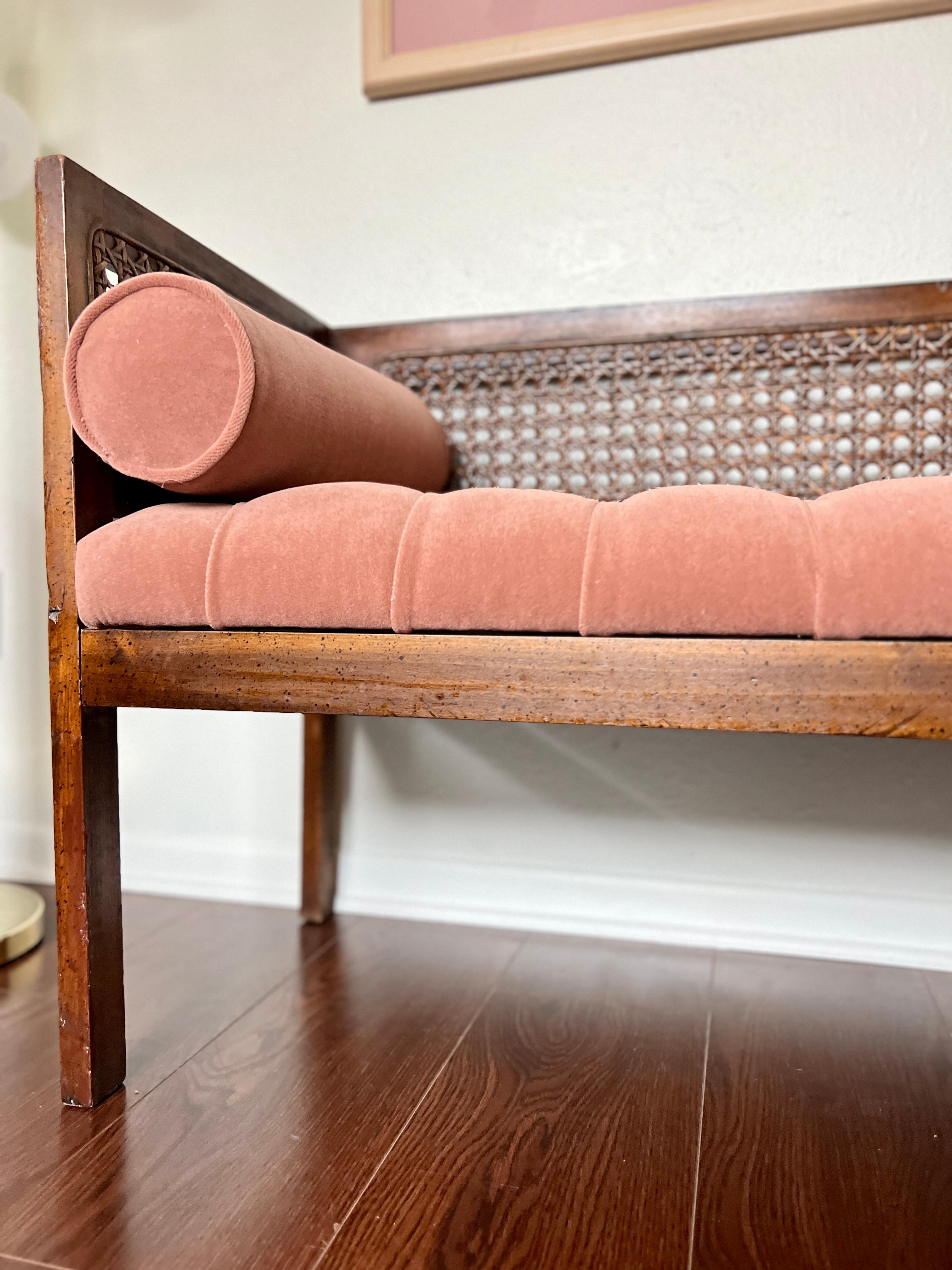Vintage Mid-Century Modern Tufted Cane Back Walnut Settee Bench in Pink Mohair  7
