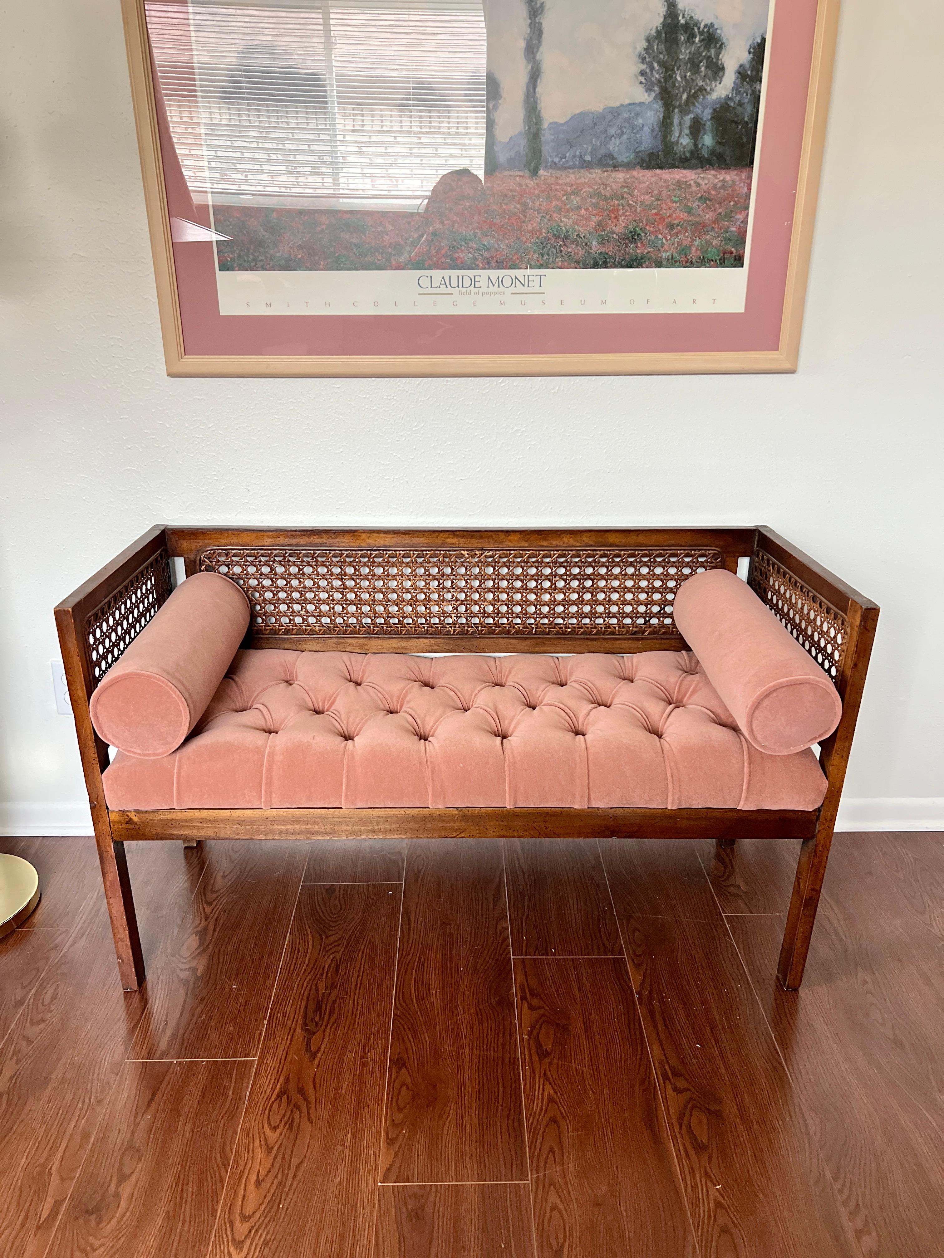 Vintage Mid-Century Modern Tufted Cane Back Walnut Settee Bench in Pink Mohair  8