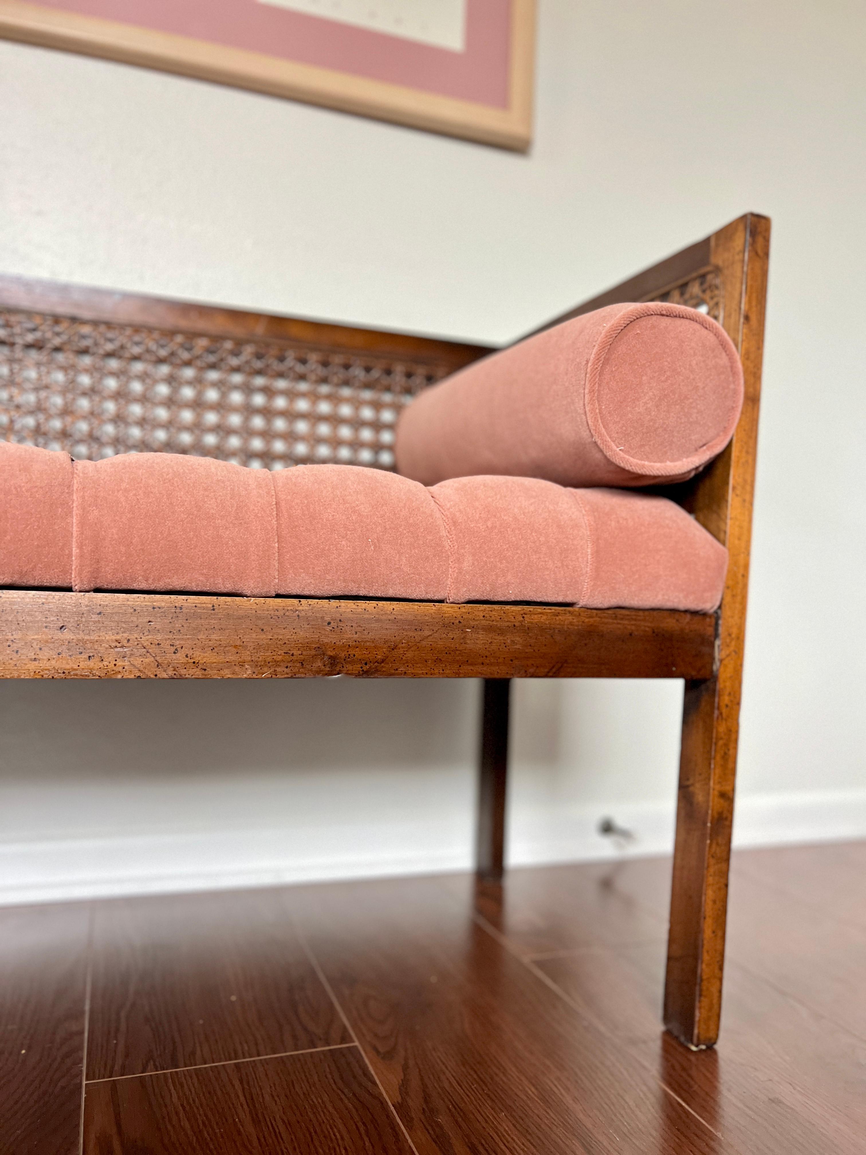 Vintage Mid-Century Modern Tufted Cane Back Walnut Settee Bench in Pink Mohair  9