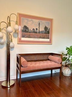 Vintage Mid-Century Modern Tufted Cane Back Walnut Settee Bench in Pink Mohair