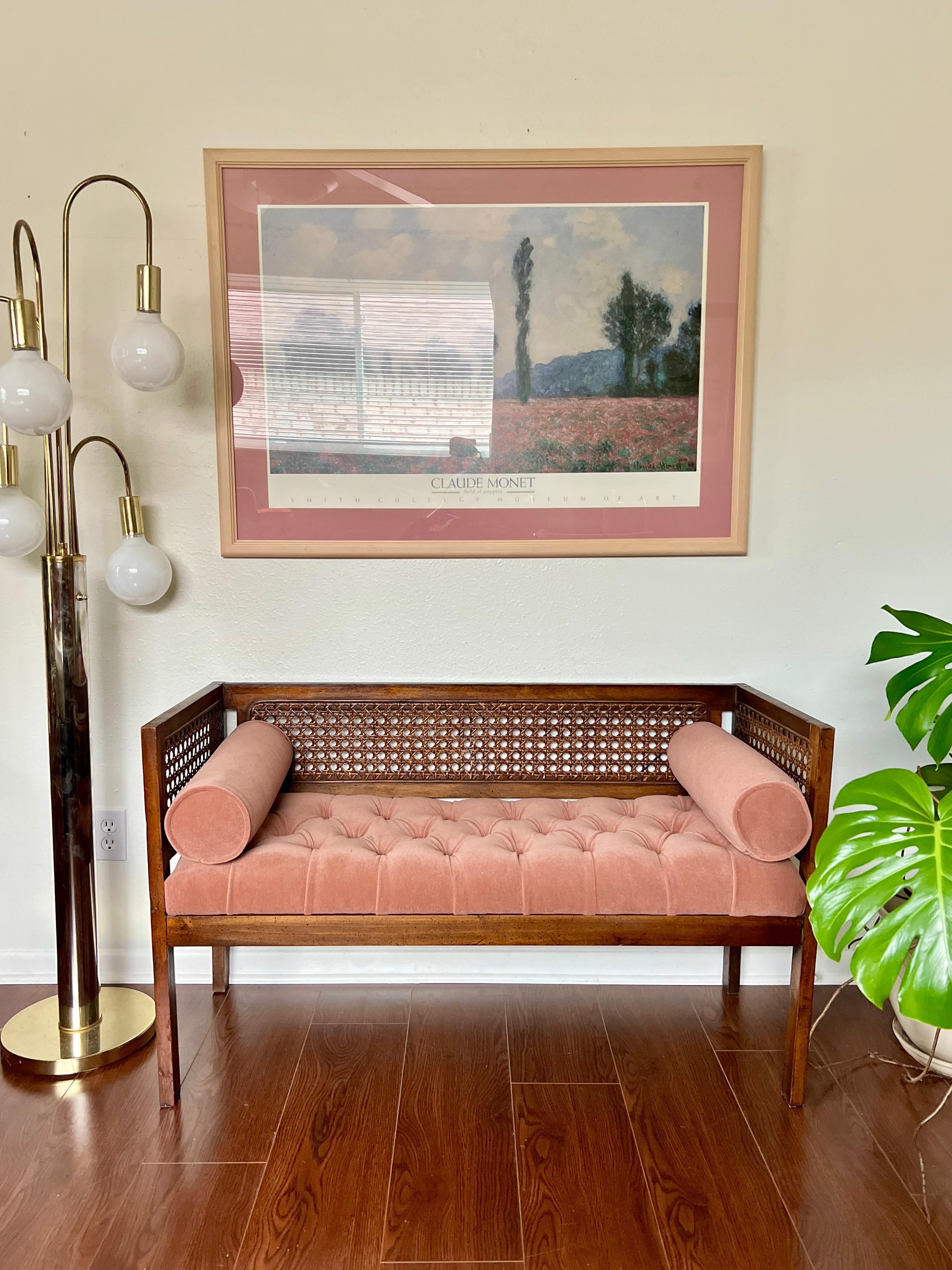 Veneer Vintage Mid-Century Modern Tufted Cane Back Walnut Settee Bench in Pink Mohair 