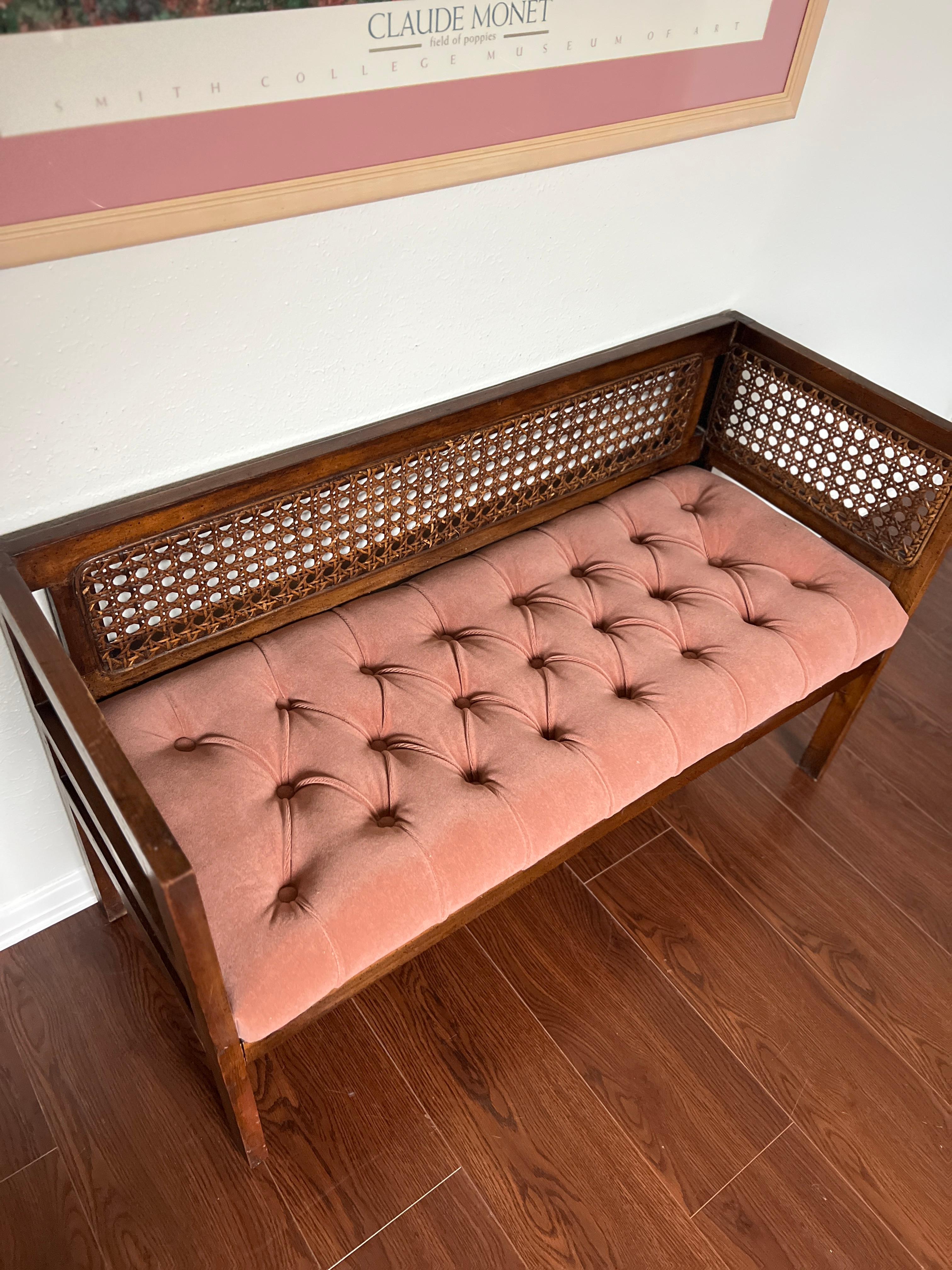 Vintage Mid-Century Modern Tufted Cane Back Walnut Settee Bench in Pink Mohair  In Good Condition In Houston, TX