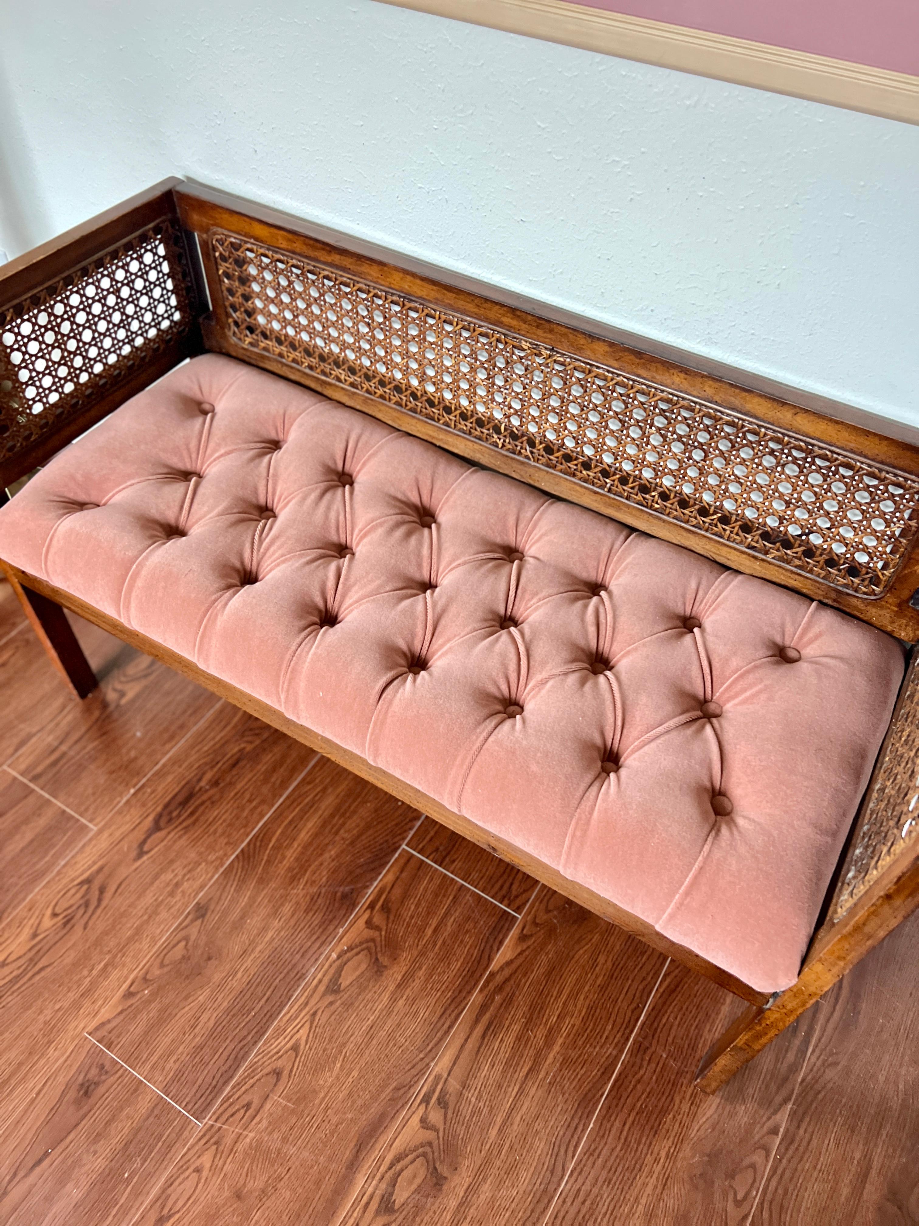 20th Century Vintage Mid-Century Modern Tufted Cane Back Walnut Settee Bench in Pink Mohair 