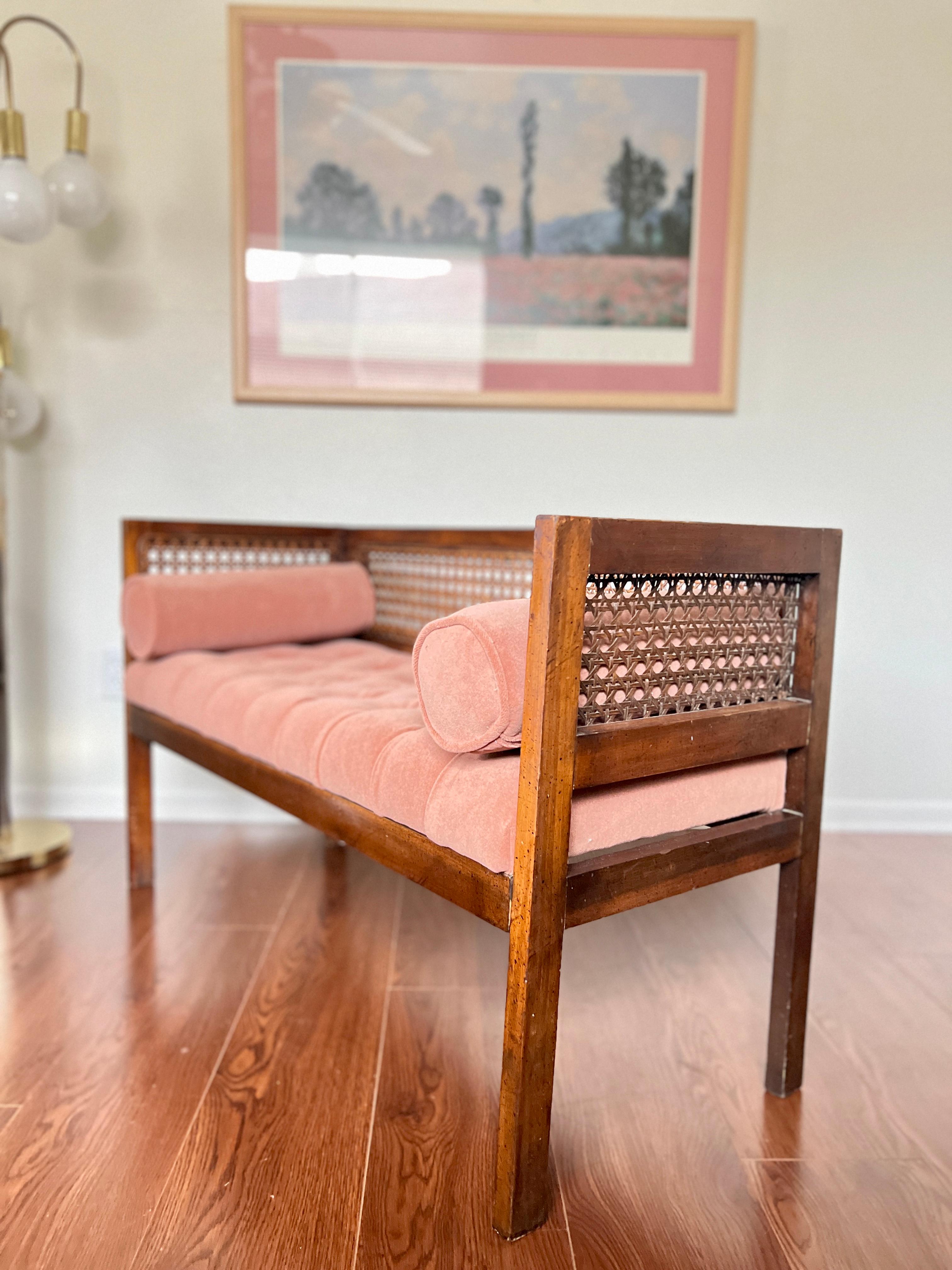 Vintage Mid-Century Modern Tufted Cane Back Walnut Settee Bench in Pink Mohair  1