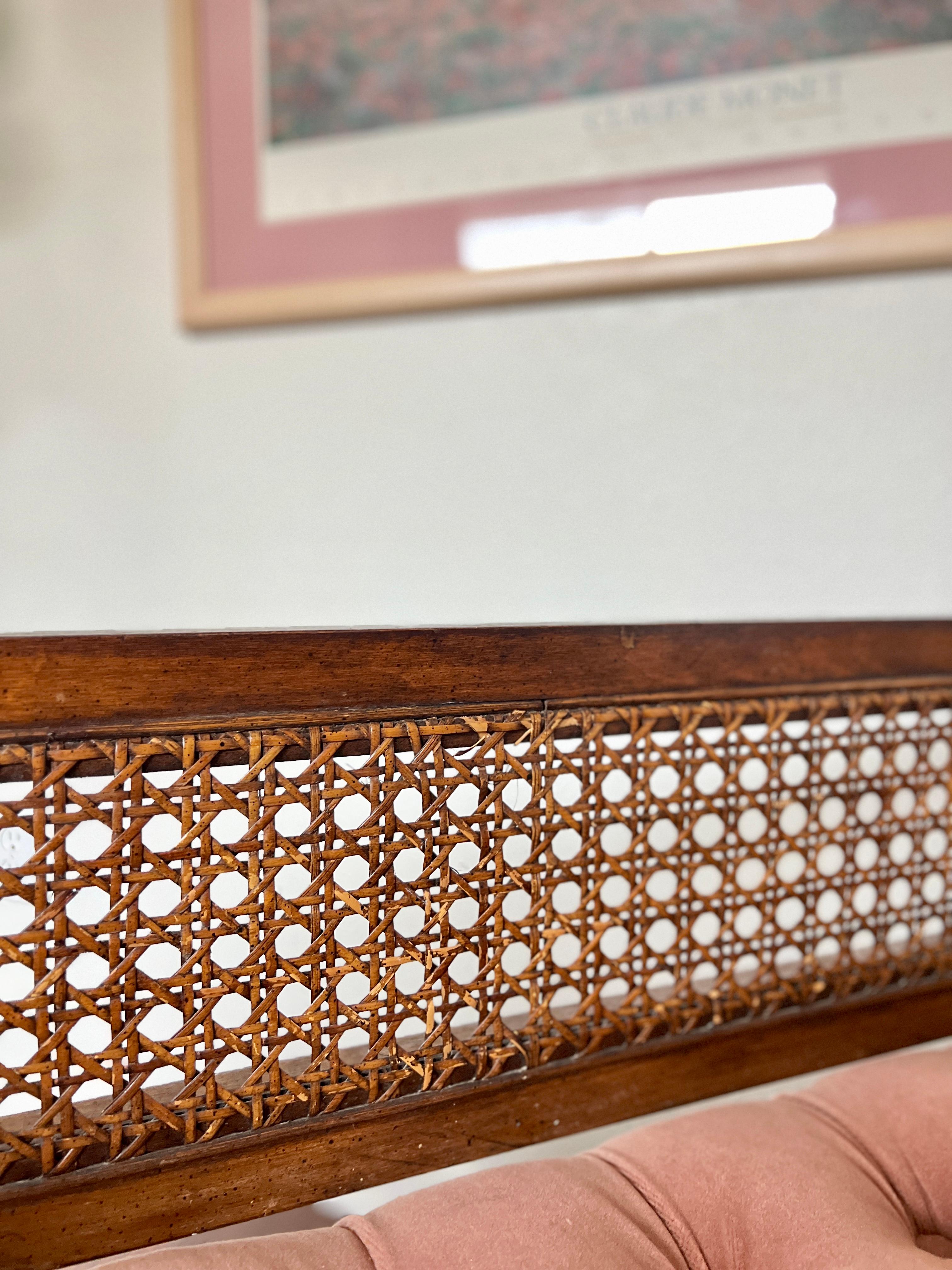 Vintage Mid-Century Modern Tufted Cane Back Walnut Settee Bench in Pink Mohair 2