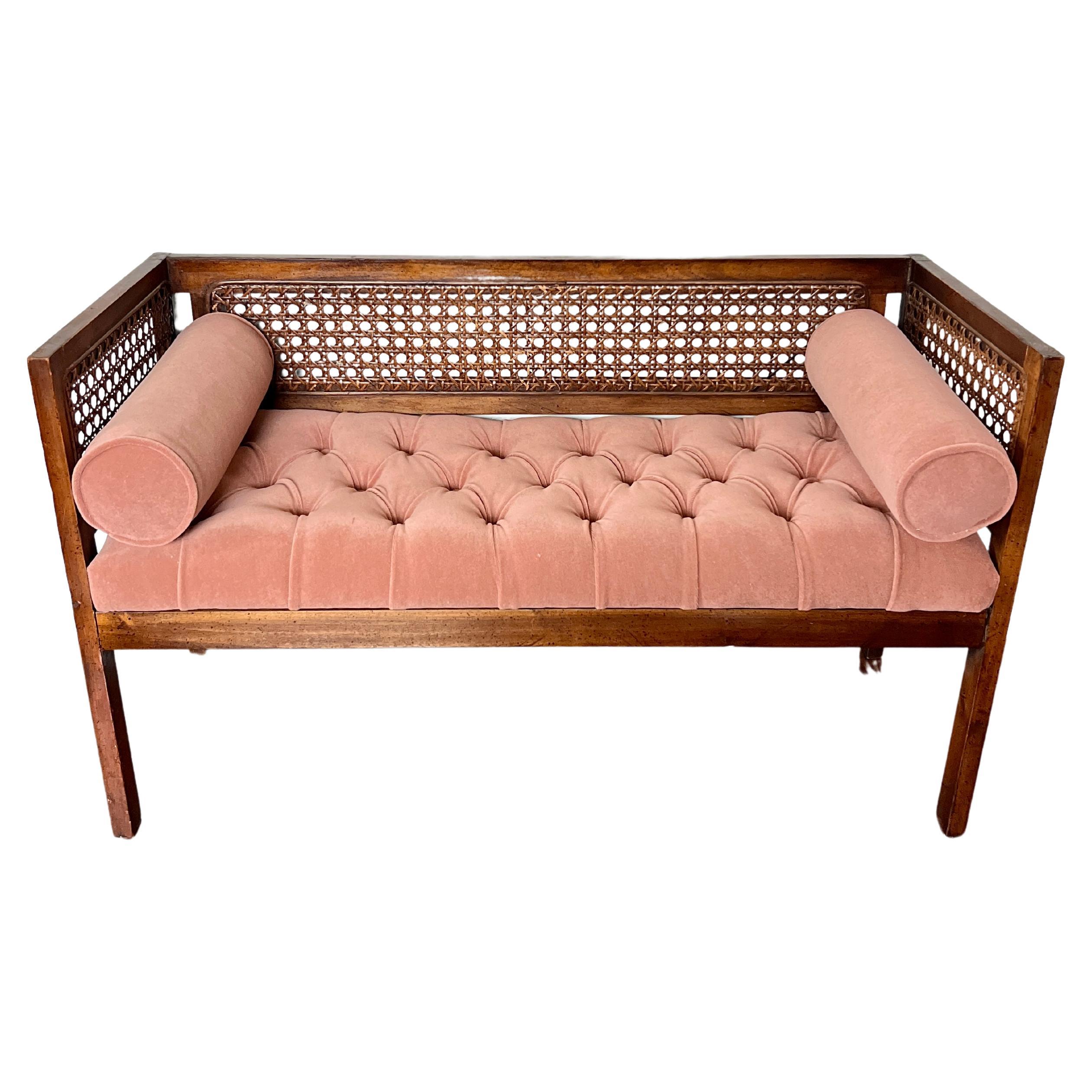 Vintage Mid-Century Modern Tufted Cane Back Walnut Settee Bench in Pink Mohair 