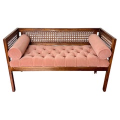 Retro Mid-Century Modern Tufted Cane Back Walnut Settee Bench in Pink Mohair 