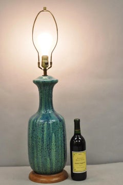 Vintage Mid Century Modern Turquoise Blue Ceramic Drip Glazed Pottery Table Lamp