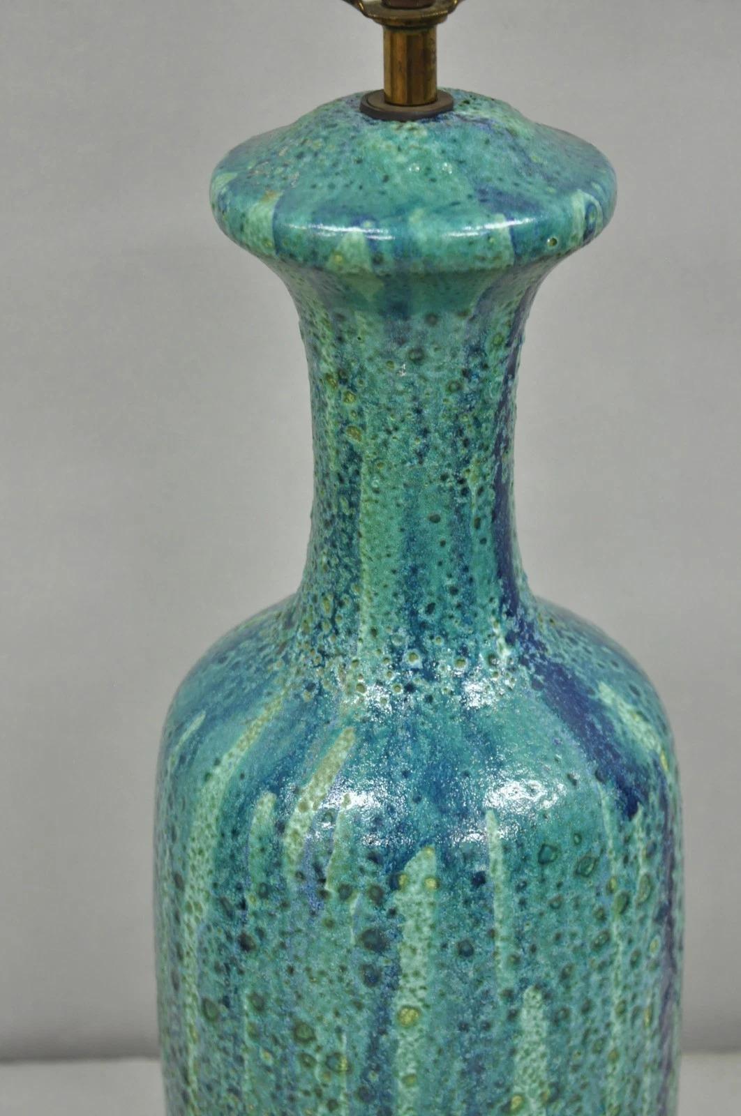 Unknown Vintage Mid Century Modern Turquoise Blue Ceramic Drip Glazed Pottery Table Lamp For Sale