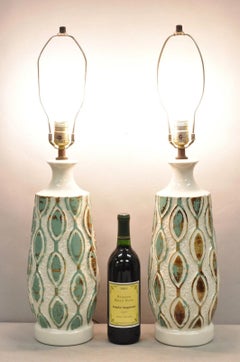 Vintage Mid Century Modern Turquoise Blue White Ceramic Pottery Table Lamp Pair