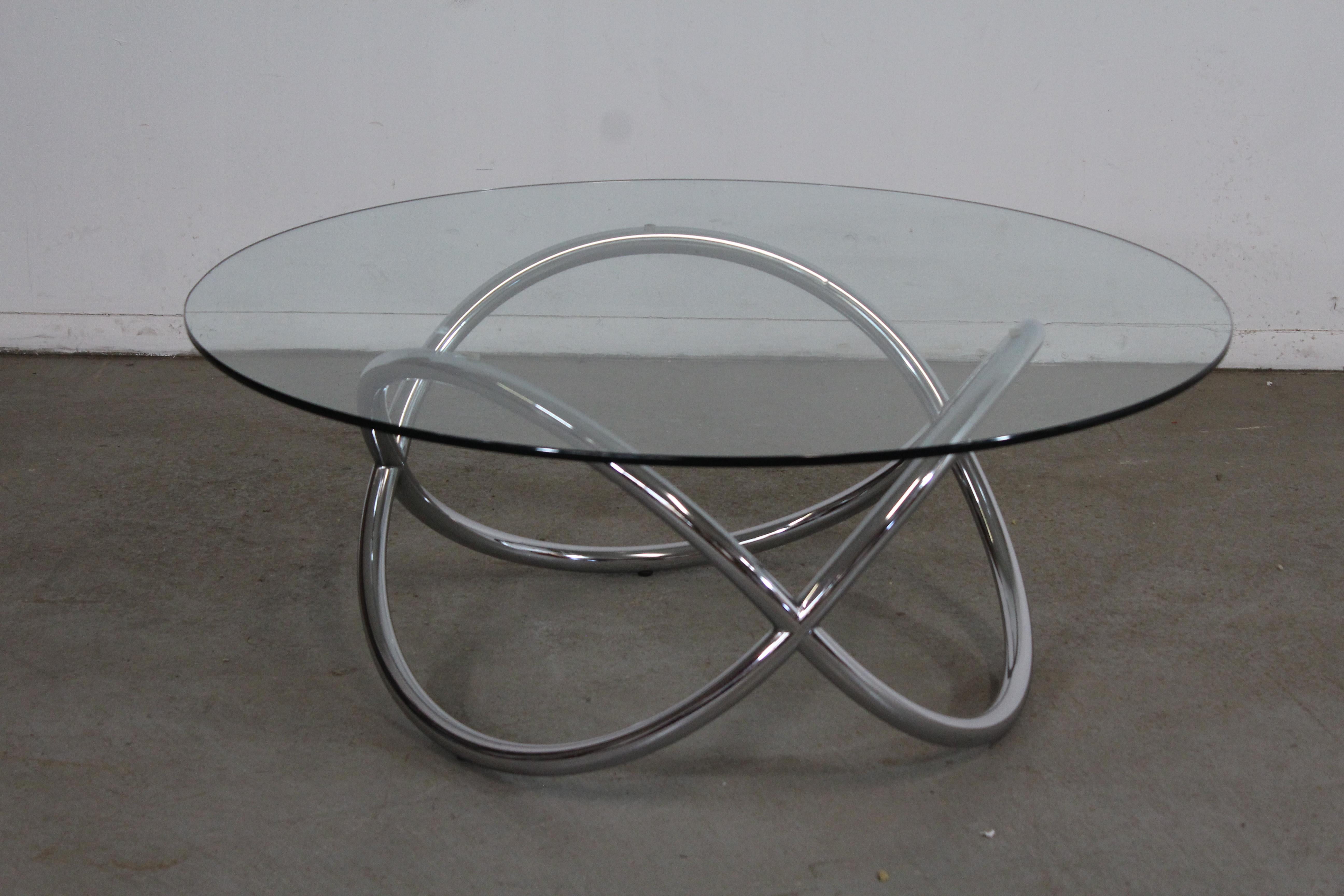 Vintage Mid Century Modern Twisted Chrome Pretzel Glass Coffee Table In Good Condition In Wilmington, DE