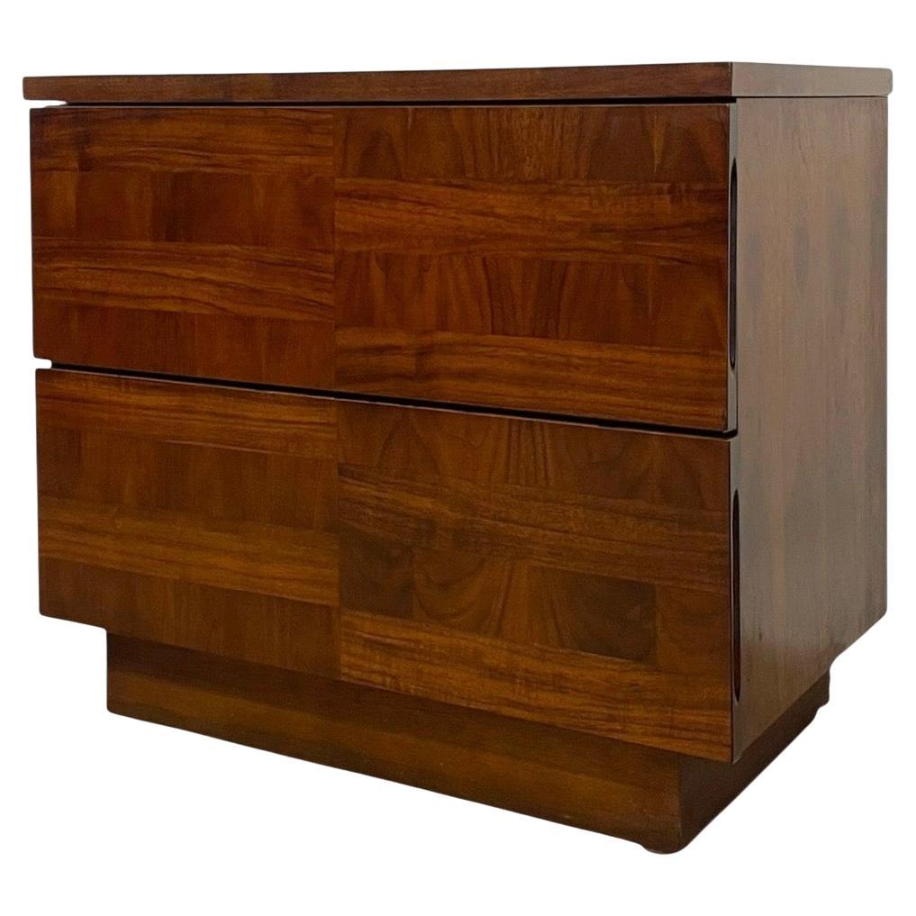 Vintage Mid-Century Modern Two-Drawer Nightstand with Book-Matched Wood Grain