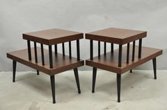 Vintage Mid Century Modern Two Tier Step Walnut Laminate Spindle End Table, Pair