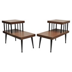 Vintage Mid Century Modern Two Tier Step Walnut Laminate Spindle End Table, Pair