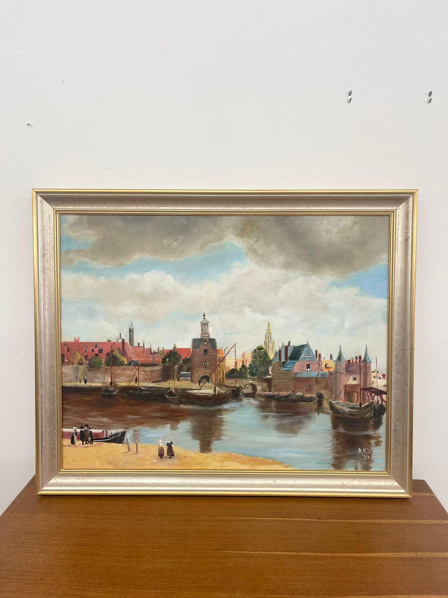 This Vintage original painting depicts a seaside vintage/town and a harbor or port. It is a mid century modern style painting in a gold toned frame. It is also signed and dated ‘94. This Piece has nice patina and character. Vintage Condition as