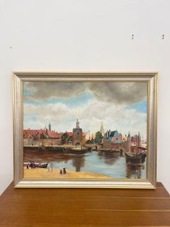 Vintage Mid Century Modern Village Harbor Scene. Signed ‘94. Original Painting.