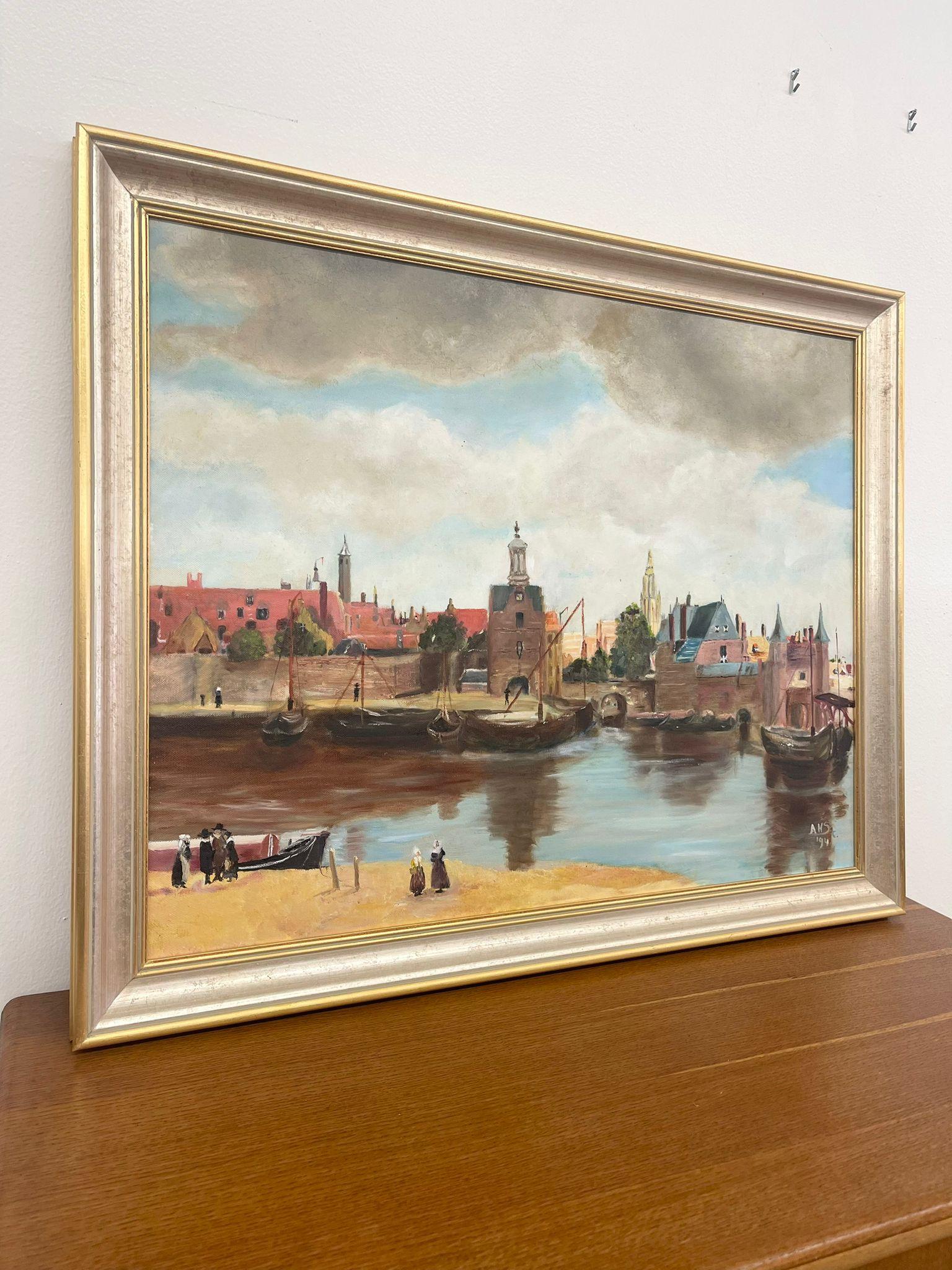 Mid-Century Modern Vintage Mid Century Modern Village Harbor Scene. Signed ‘94. Original Painting. For Sale