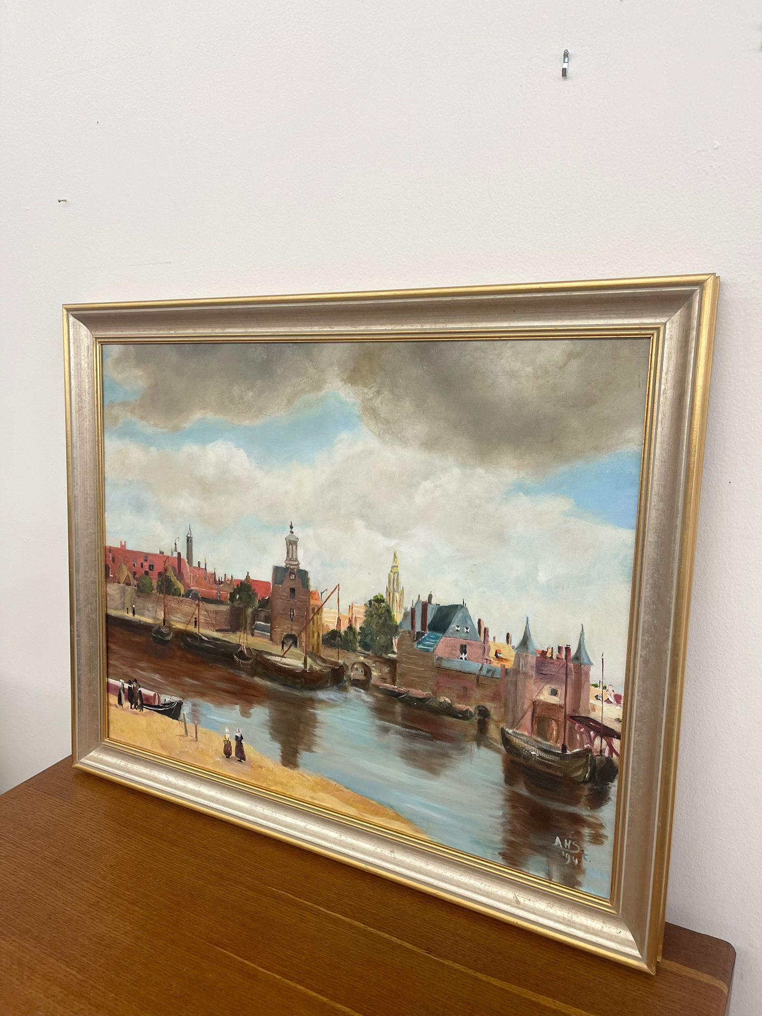 Vintage Mid Century Modern Village Harbor Scene. Signed ‘94. Original Painting. In Good Condition For Sale In Seattle, WA