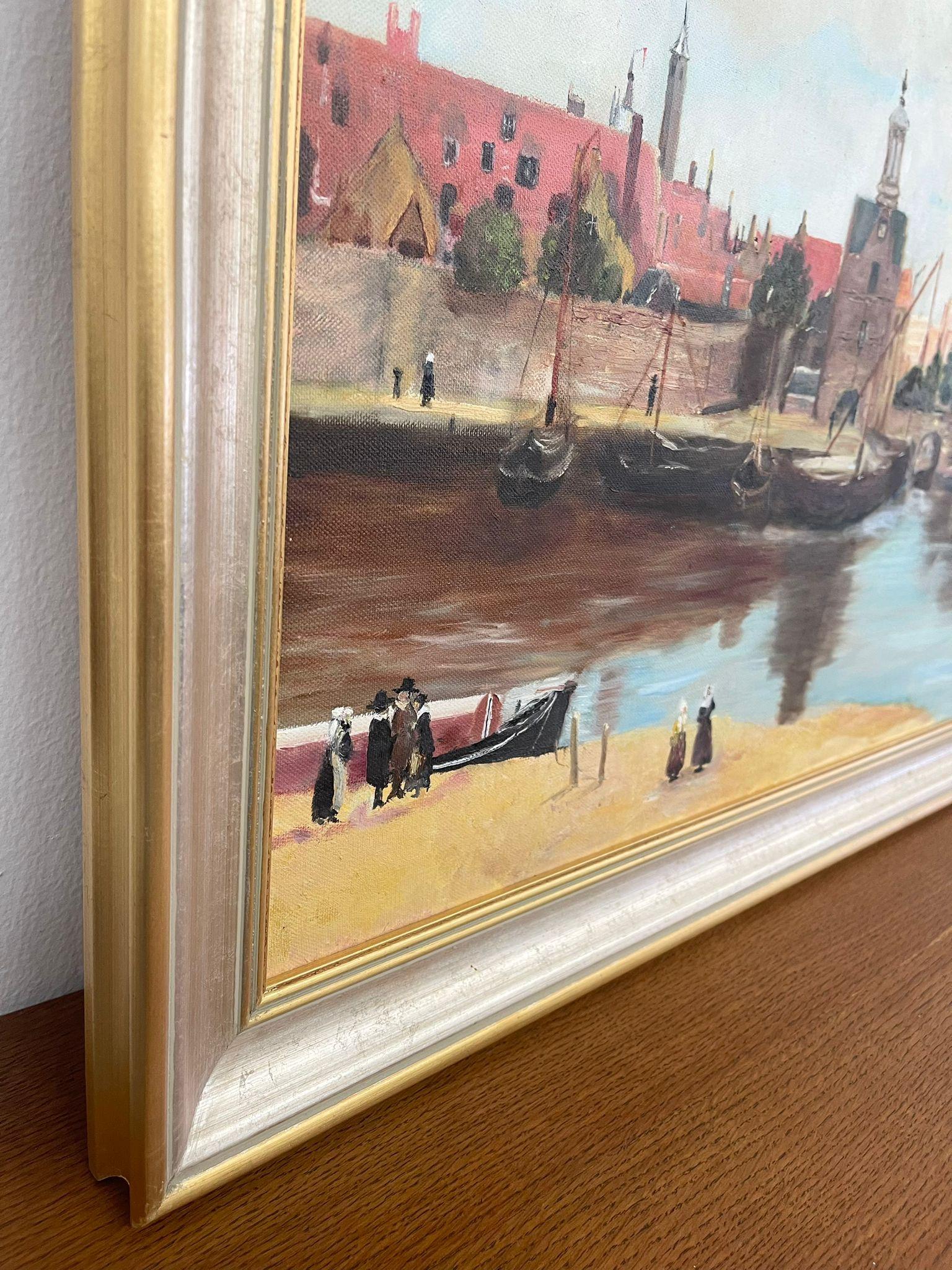 Late 20th Century Vintage Mid Century Modern Village Harbor Scene. Signed ‘94. Original Painting. For Sale