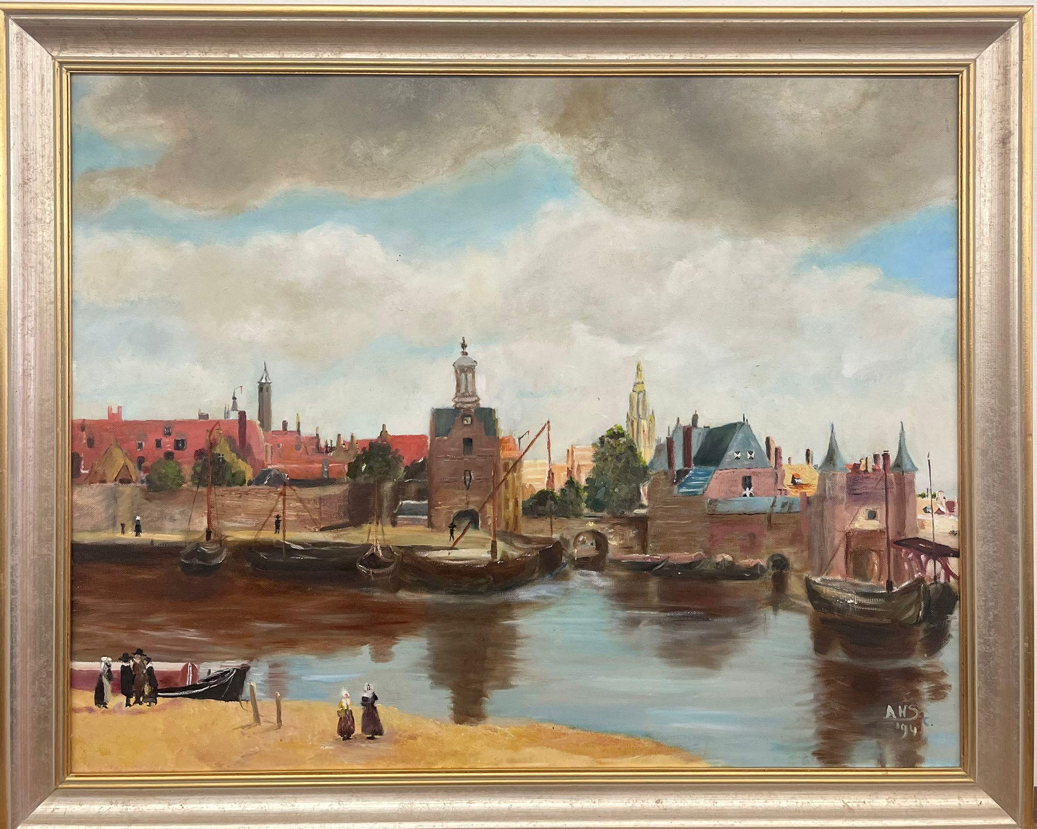 Wood Vintage Mid Century Modern Village Harbor Scene. Signed ‘94. Original Painting. For Sale