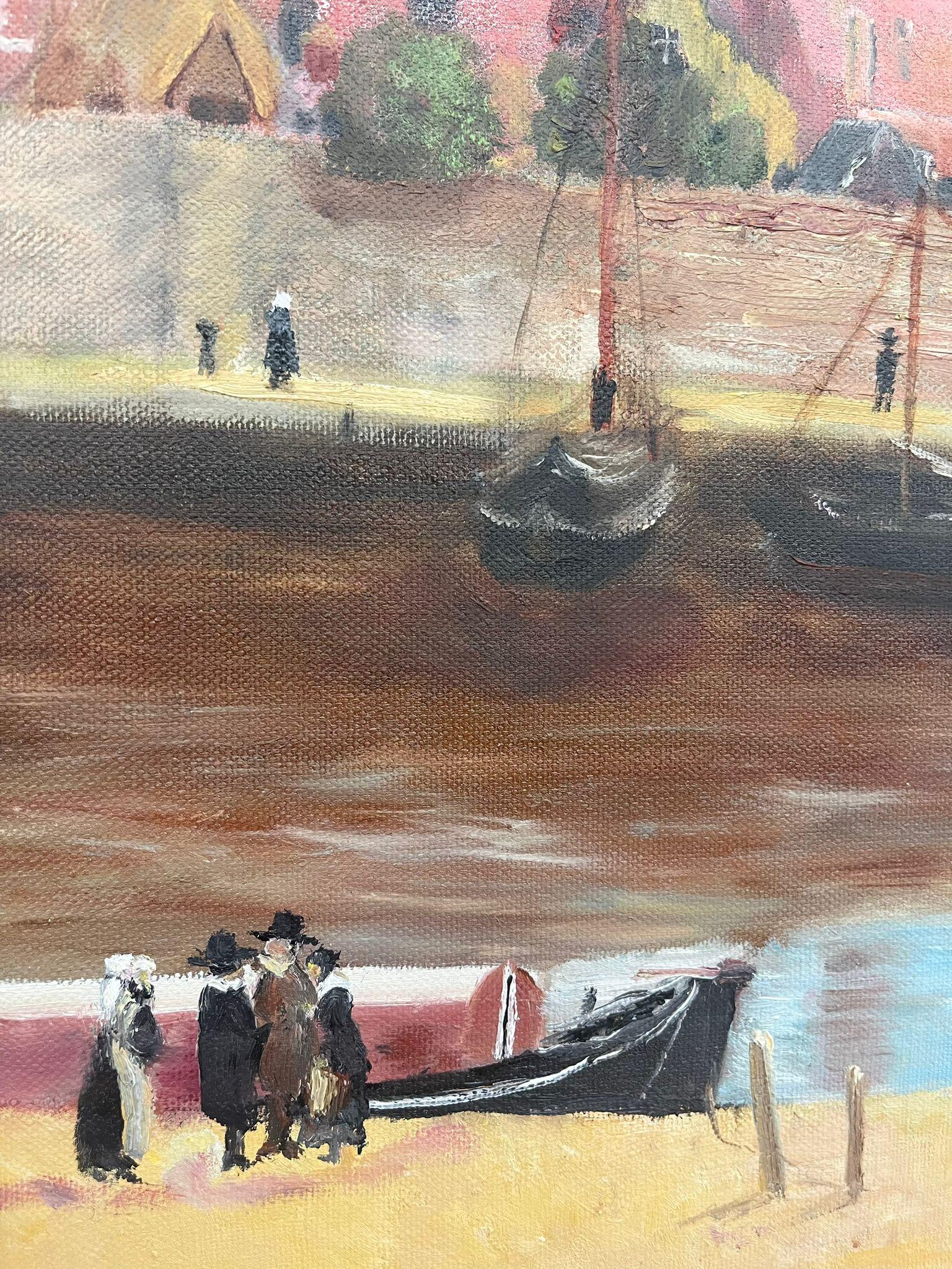 Vintage Mid Century Modern Village Harbor Scene. Signed ‘94. Original Painting. For Sale 1