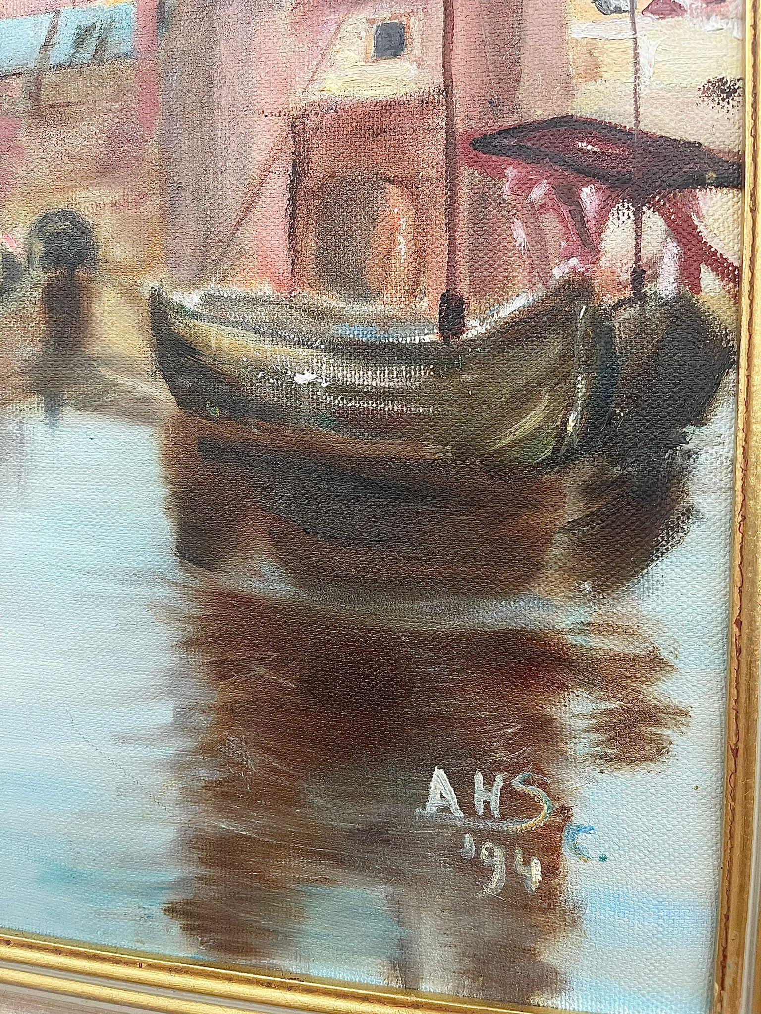 Vintage Mid Century Modern Village Harbor Scene. Signed ‘94. Original Painting. For Sale 2