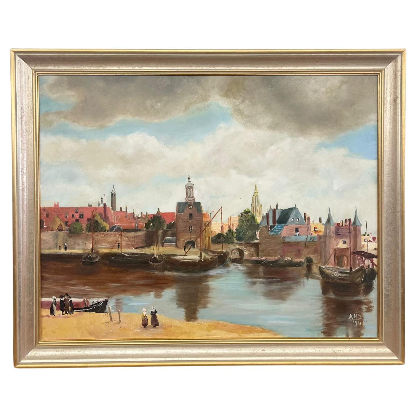 Vintage Mid Century Modern Village Harbor Scene. Signed ‘94. Original Painting.