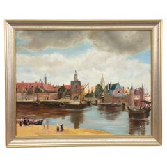 Vintage Mid Century Modern Village Harbor Scene. Signed ‘94. Original Painting.
