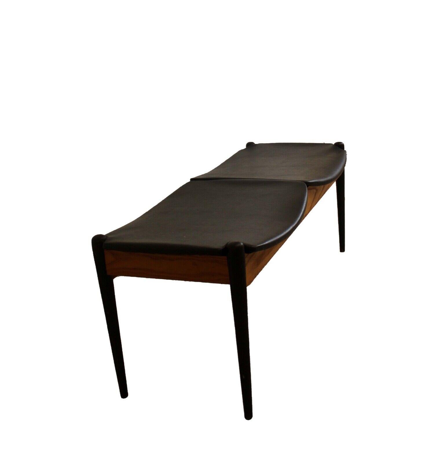 Vintage Mid-Century Modern Vinyl and Walnut Washington Wood 2 Seat Bench In Good Condition In Keego Harbor, MI