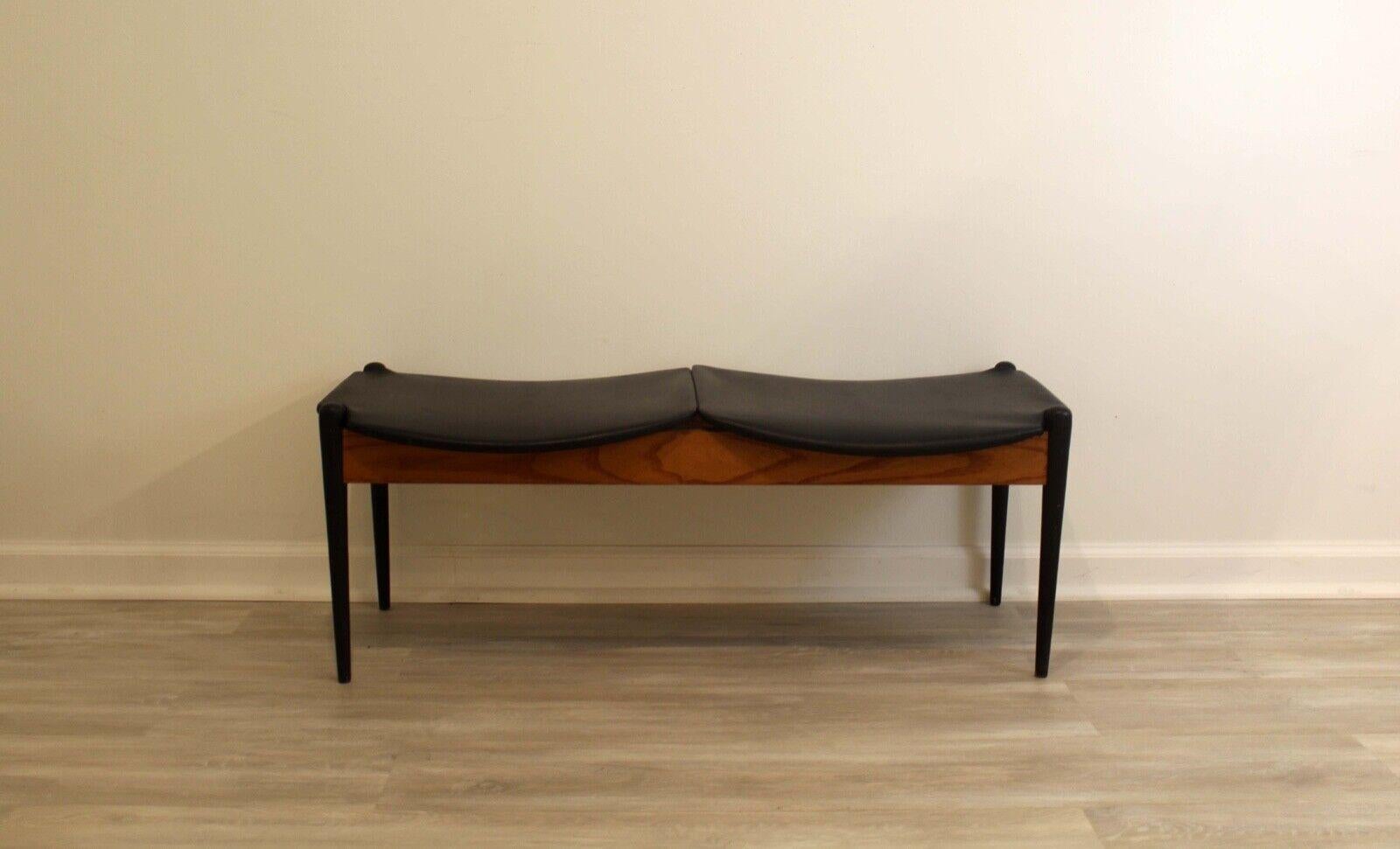 20th Century Vintage Mid-Century Modern Vinyl and Walnut Washington Wood 2 Seat Bench