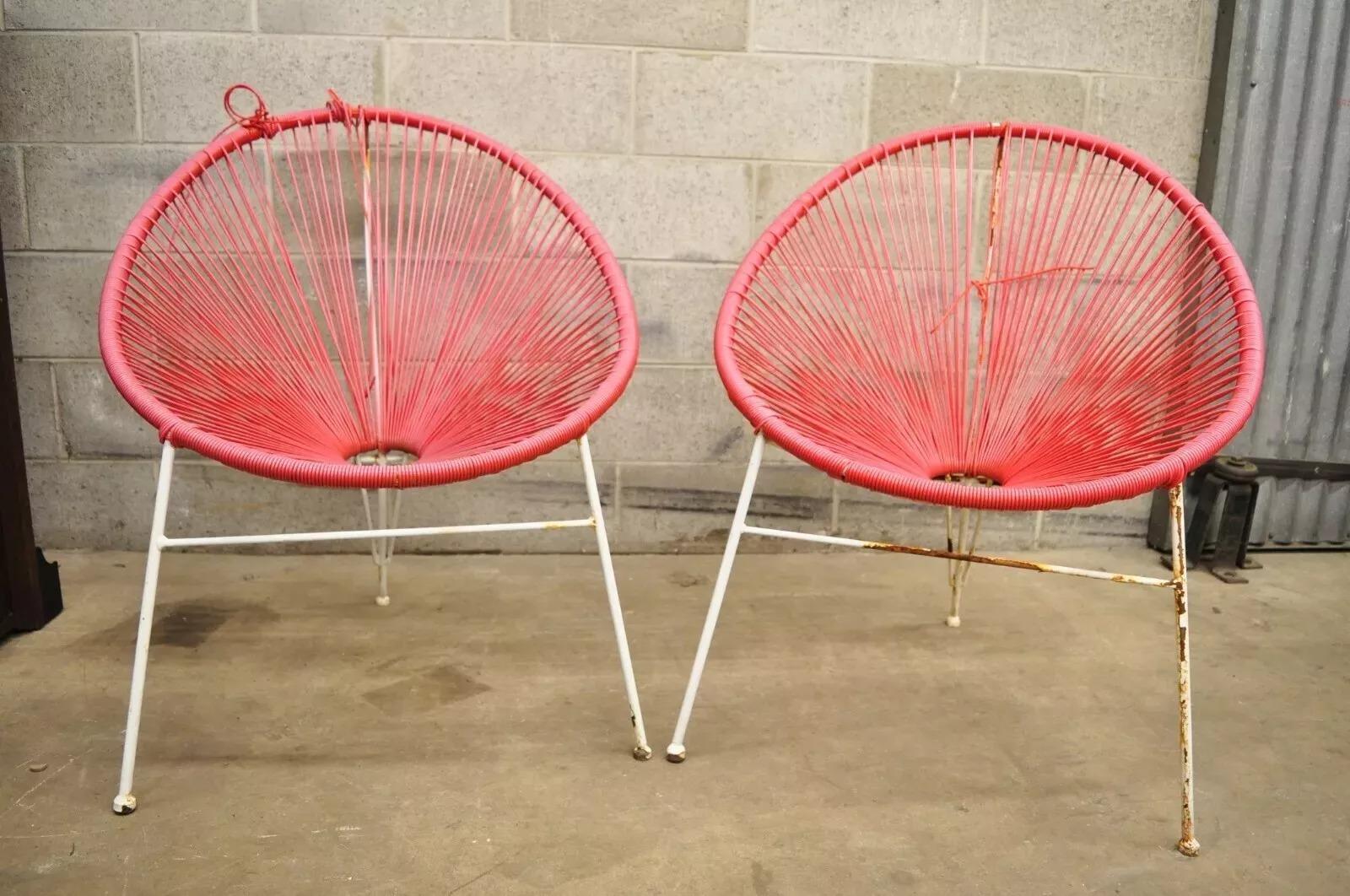 Vintage Mid Century Modern Vinyl Rope Hoop Wrought Iron Acapulco Chairs - a Pair. Item features wrought iron construction, very nice vintage item, great style and form. Circa Mid 20th Century. Measurements: 34