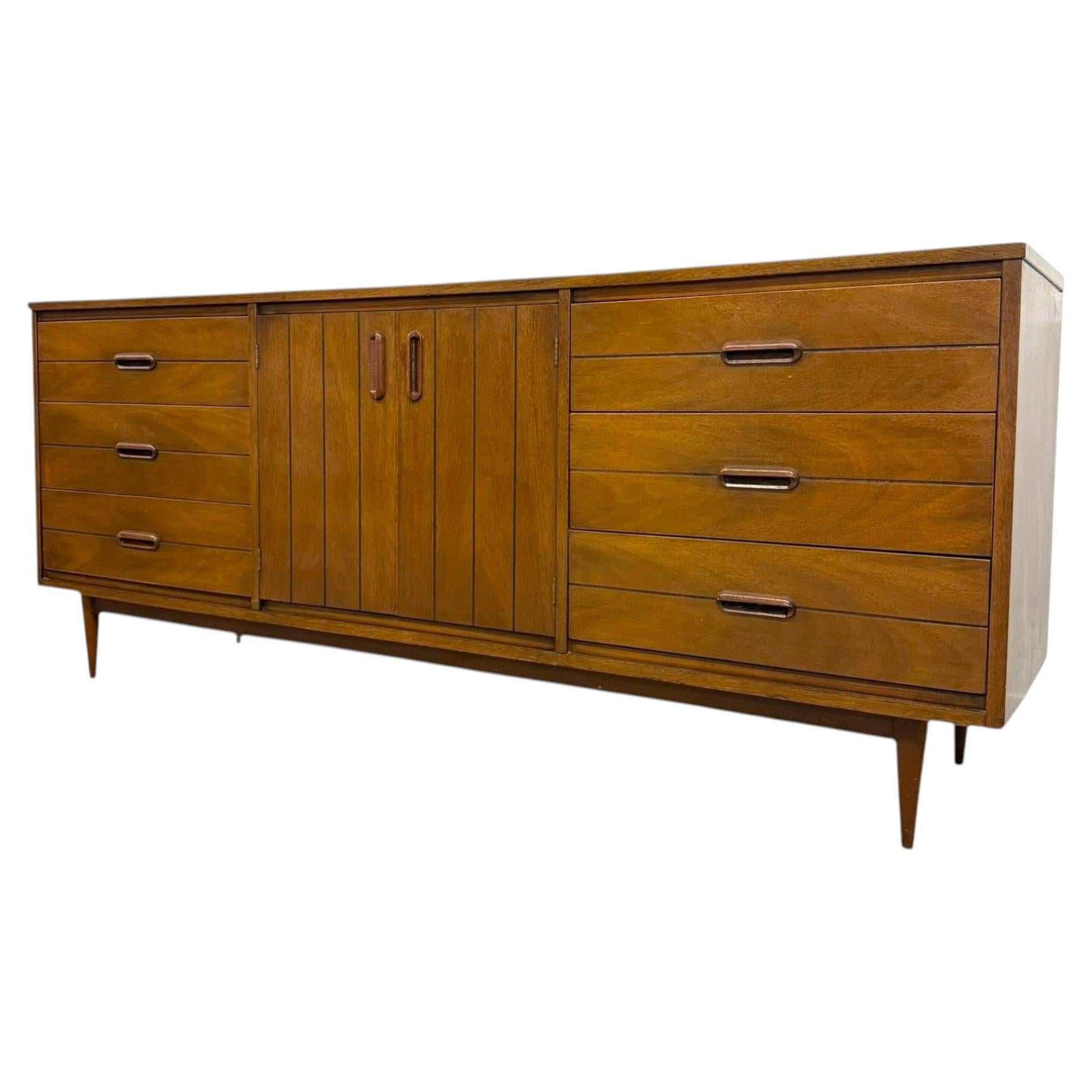 Vintage Mid Century Modern Walnut 9-Drawer Triple Dresser Dovetailed Drawers. For Sale