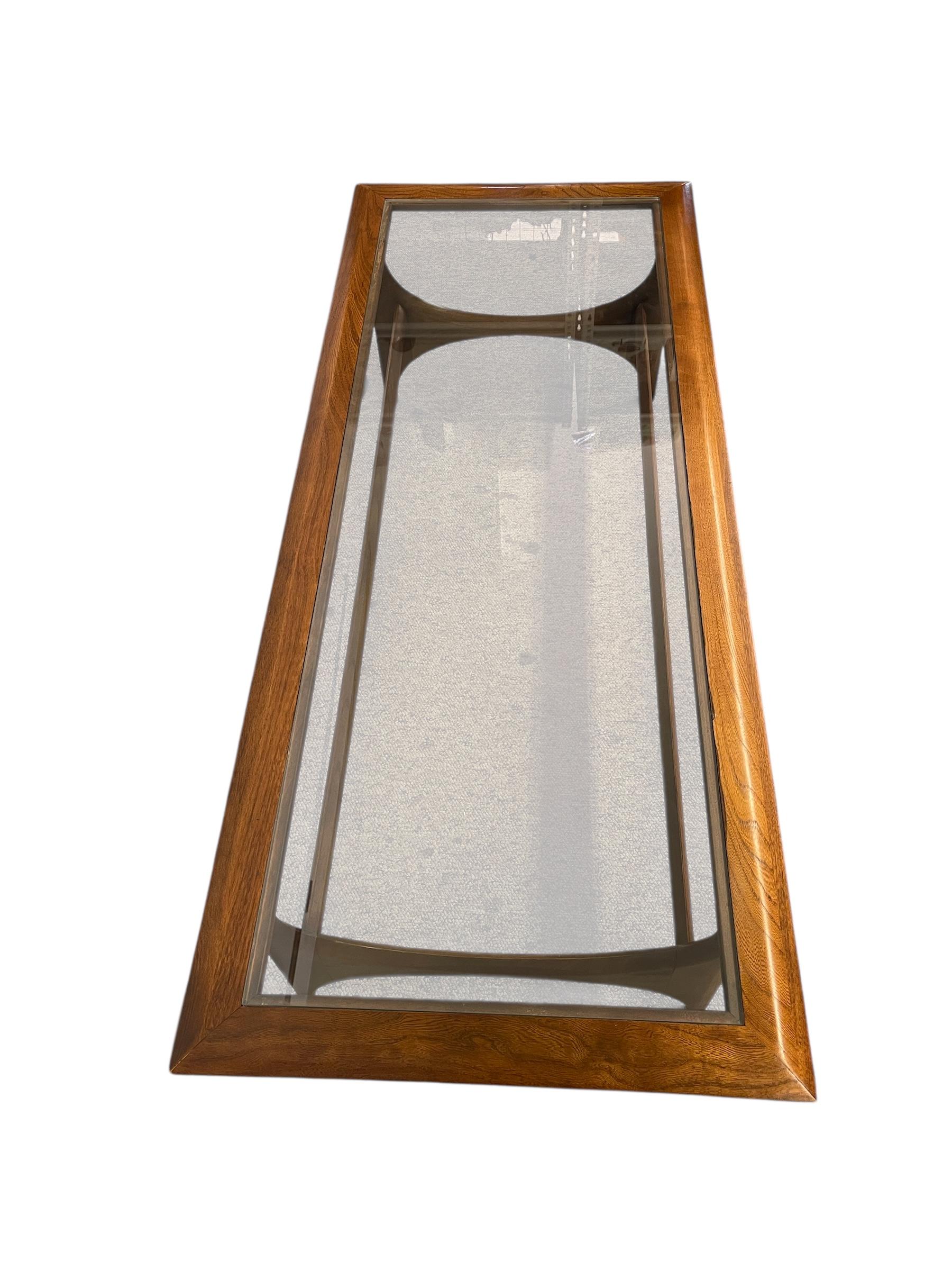 Vintage Mid Century Modern Walnut and Glass Coffee Table by Lane Furniture For Sale 2