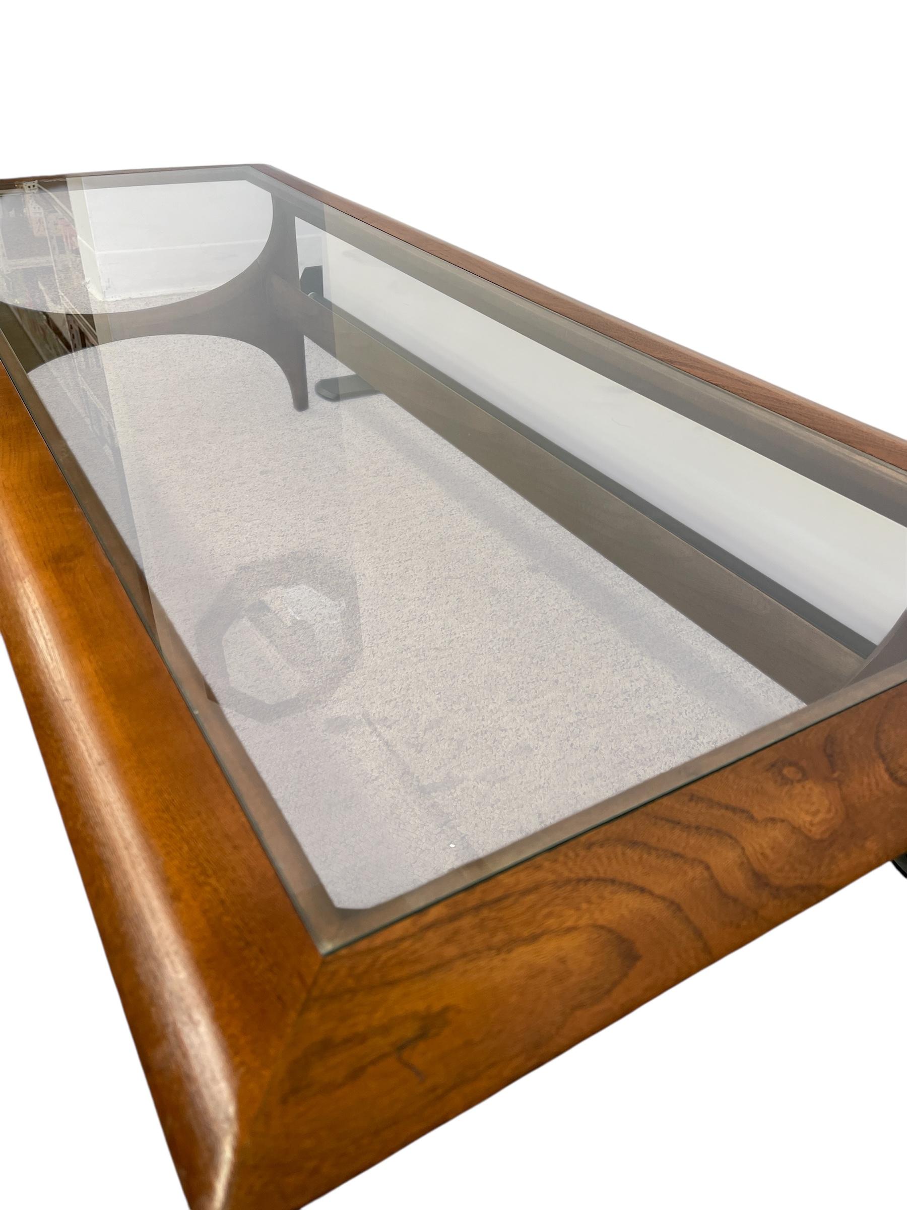 Vintage Mid Century Modern Walnut and Glass Coffee Table by Lane Furniture For Sale 3