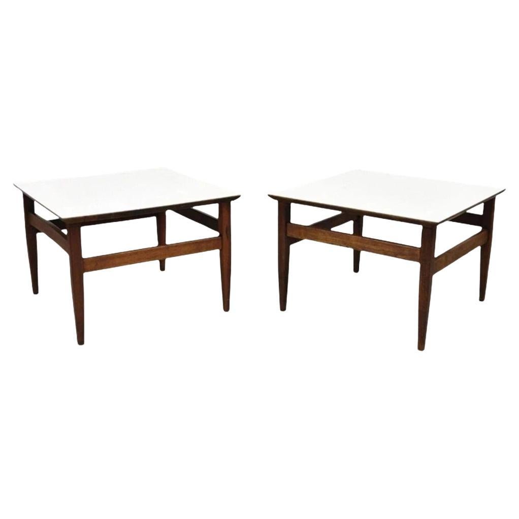 Vintage Mid Century Modern Walnut Base Laminate Top Low Side Tables - a Pair