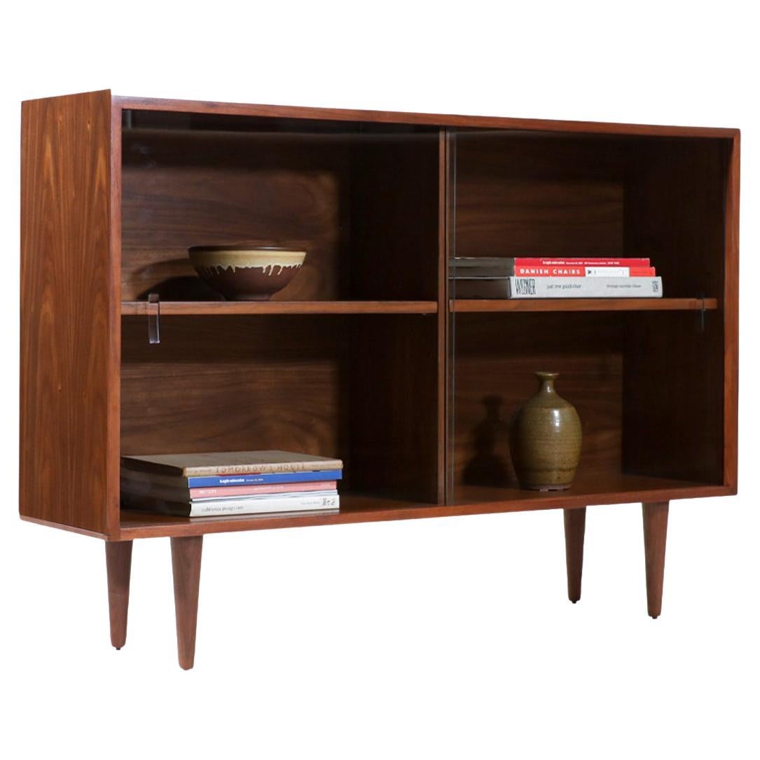 Expertly Restored -  Vintage Mid-Century Modern Walnut Bookcase with Glass Doors