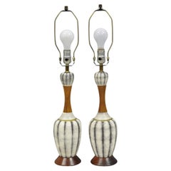 Vintage Mid Century Modern Walnut & Ceramic Small Sculptural Table Lamps - Pair