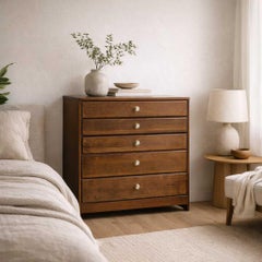 Vintage Mid-Century Modern Walnut Chest of Drawers with Brass Pulls