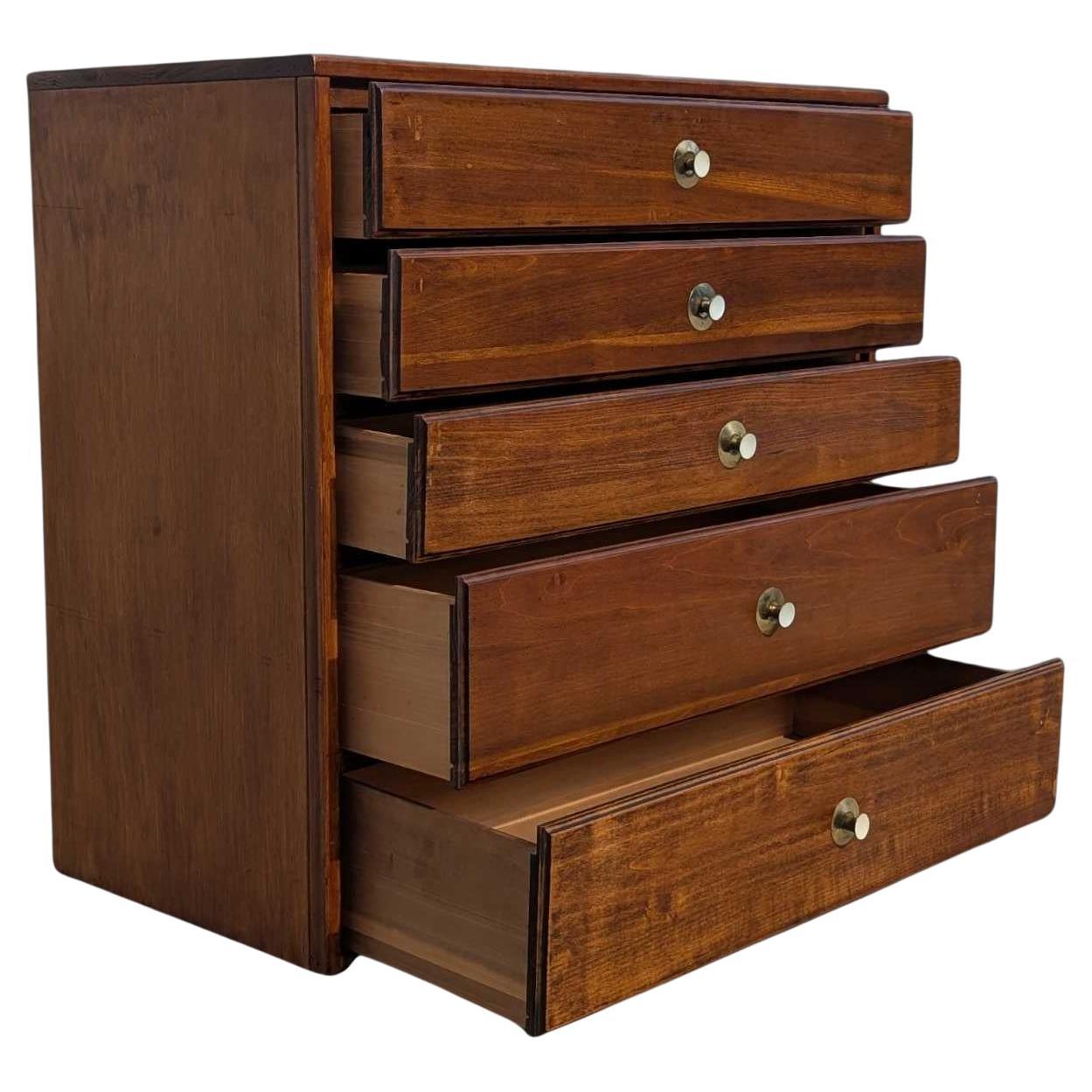 Vintage Mid-Century Modern Walnut Chest of Drawers with Brass Pulls