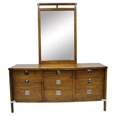 Vintage Mid Century Modern Walnut & Chrome 9 Drawer Credenza Dresser w/ Mirror