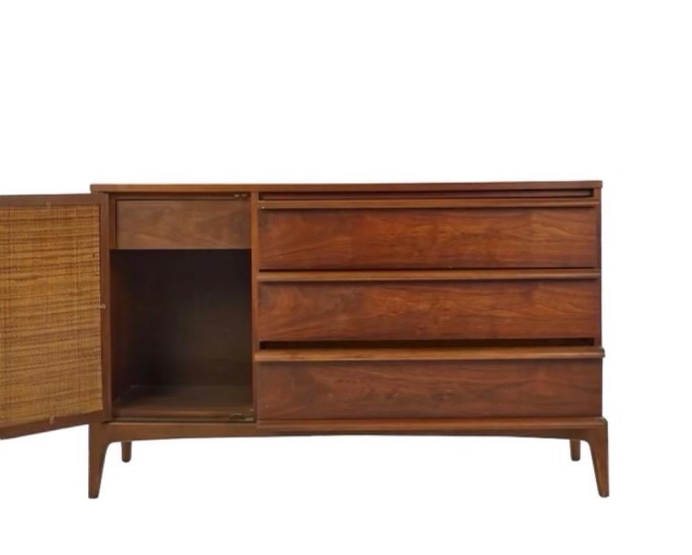 Vintage Mid-Century Modern Walnut Credenza Dovetail Drawers Reversible Cane Door In Good Condition For Sale In Seattle, WA