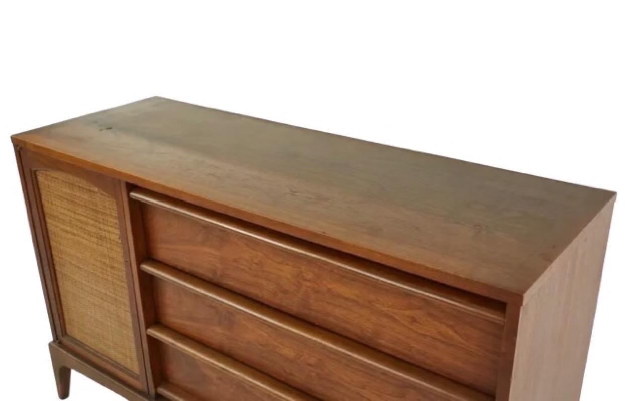 Late 20th Century Vintage Mid-Century Modern Walnut Credenza Dovetail Drawers Reversible Cane Door For Sale