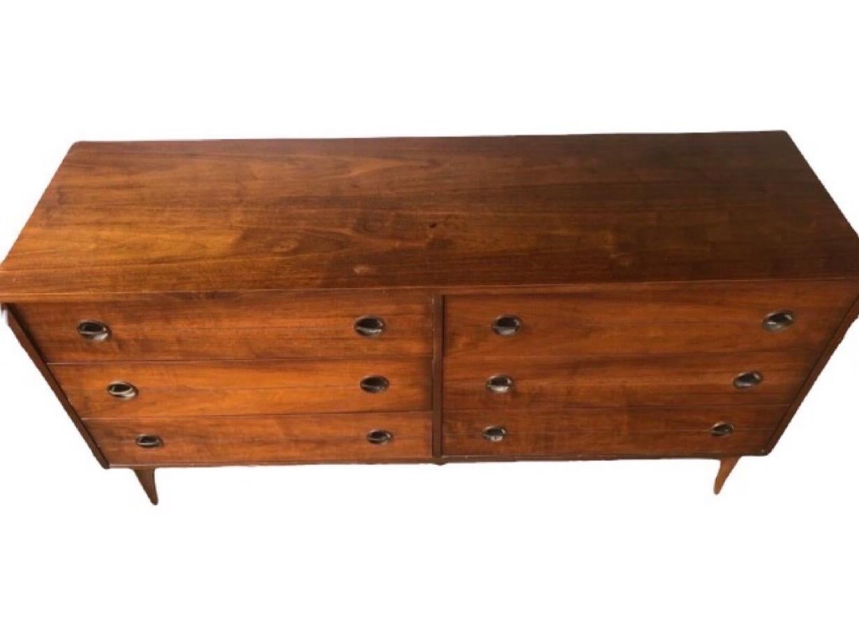 Vintage Mid-Century Modern walnut dresser cabinet storage drawers.
Dimensions 60 W ; 32 H ; 20 D.