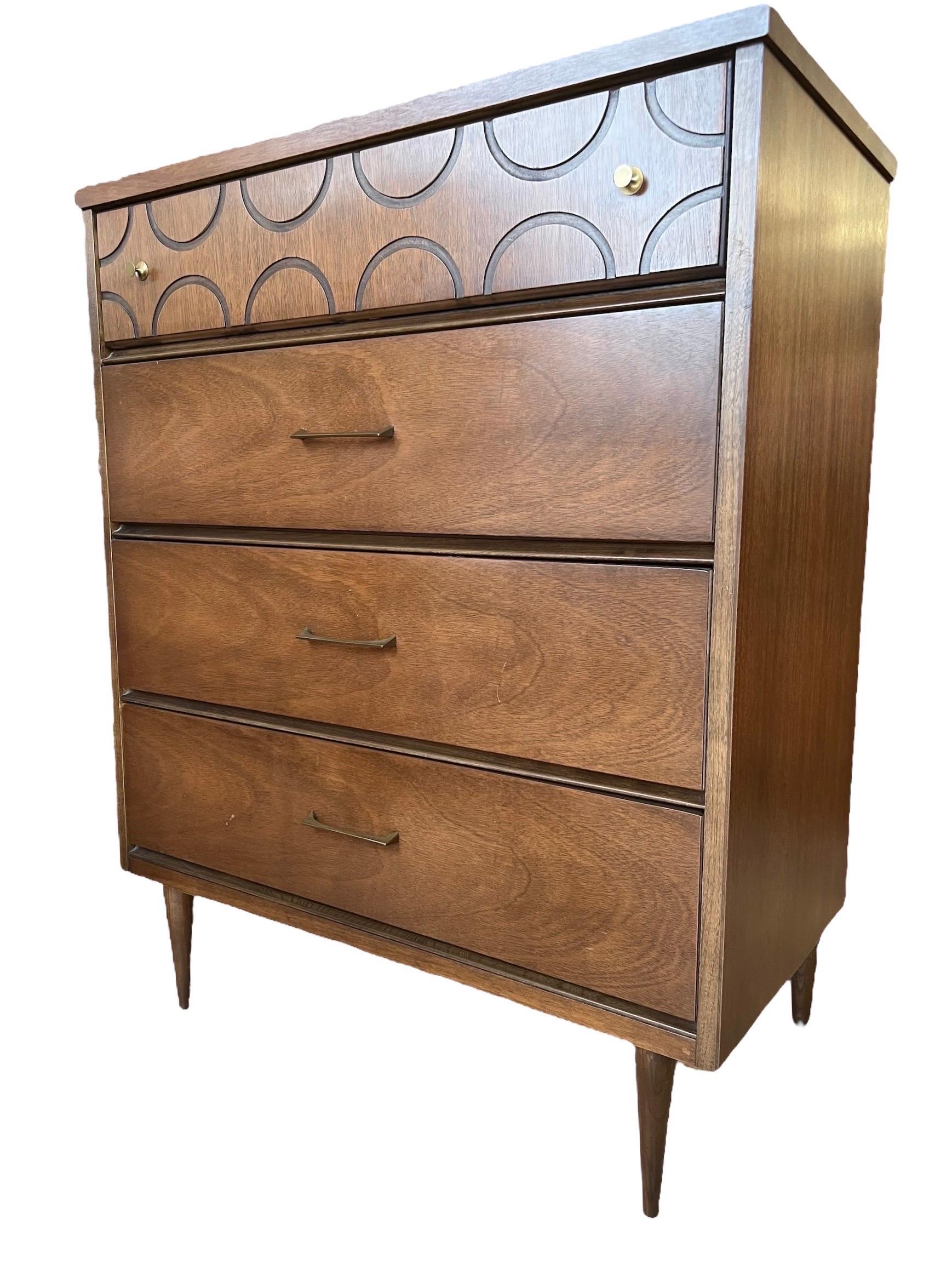 Brass Vintage Mid-Century Modern Walnut Dresser with Dovetailed Drawers