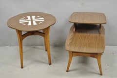 Vintage Mid Century Modern Walnut & Formica Round & Step Side Table Set - 2 pcs