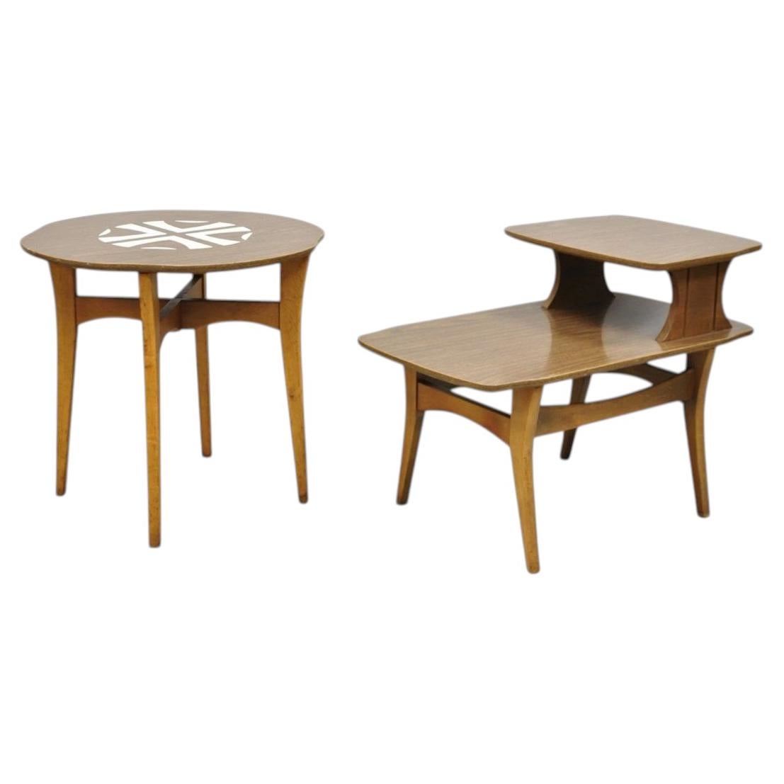 Vintage Mid Century Modern Walnut & Formica Round & Step Side Table Set - 2 pcs For Sale