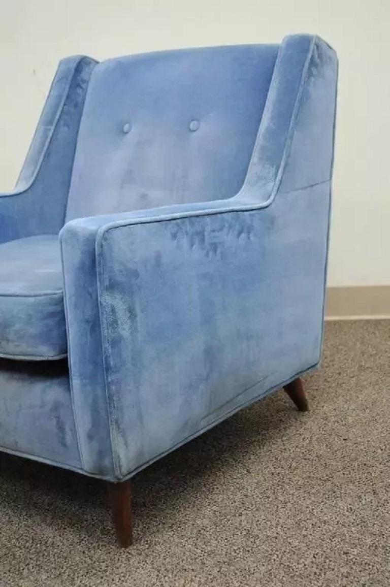 Unknown Vintage Mid Century Modern Walnut Frame Blue Club Lounge Chair after Paul McCobb For Sale