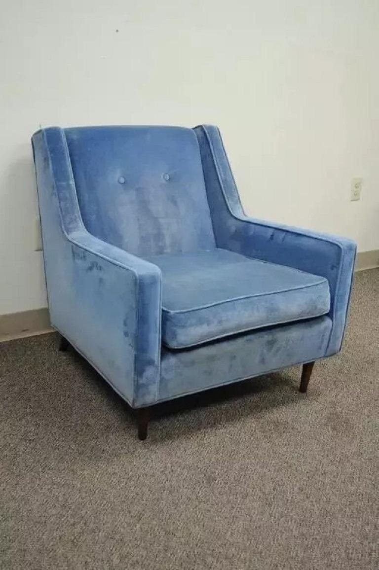 Vintage Mid Century Modern Walnut Frame Blue Club Lounge Chair after Paul McCobb For Sale 2